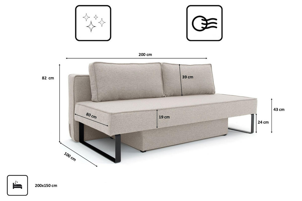 SCHLAFSOFA Mit Bettkasten NOMI, Stoff Faro, Hellgrau - Hellgrau, Holz (200/82/100cm) - Kaiser Möbel