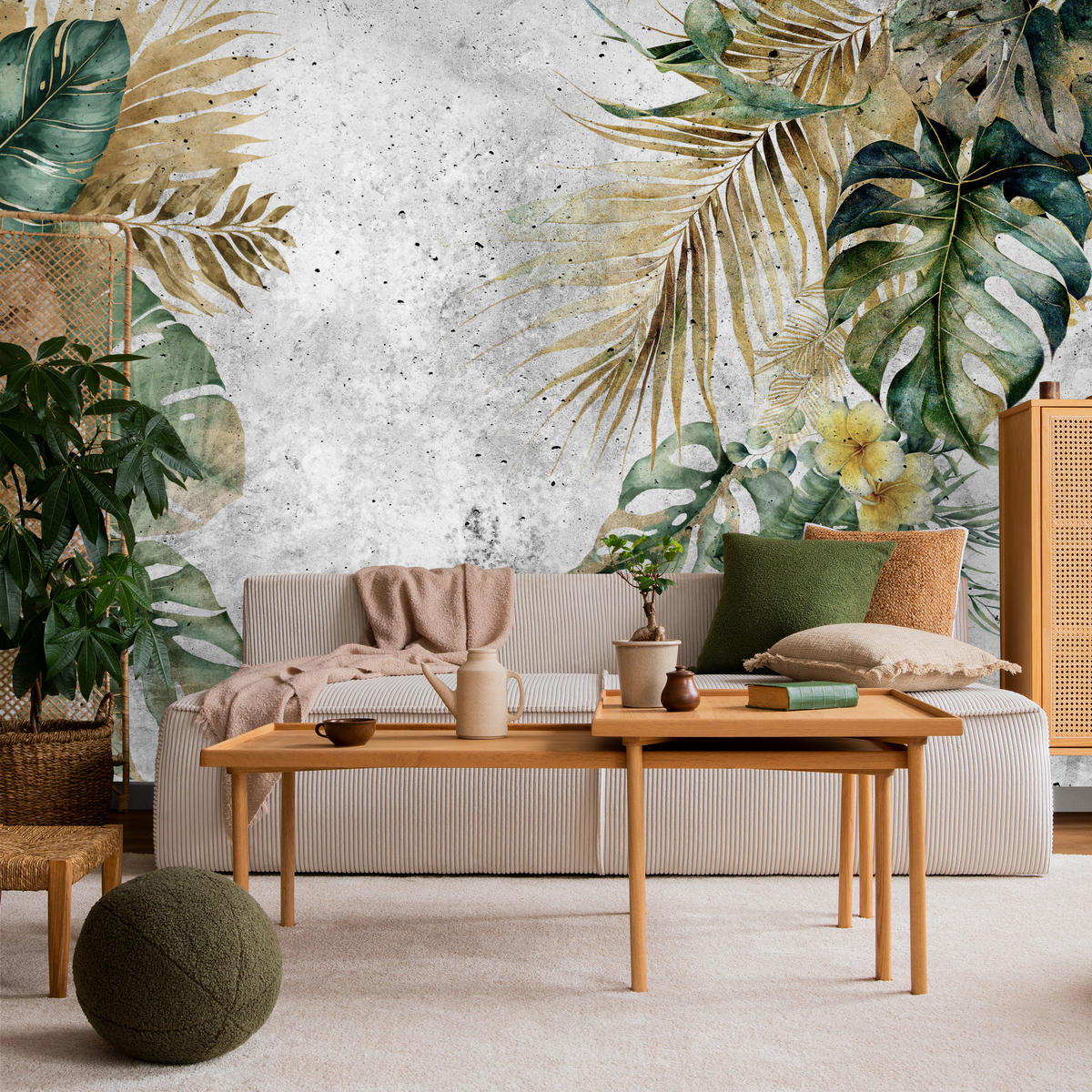 FOTOTAPETE für Wohnzimmer Tropische Blätter Blumen auf Grauer Beton 150x105 - Braun/Grau, Papier (150/105cm) - Muralo