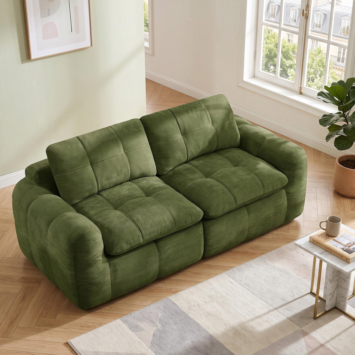 2-SITS SOFFA Chenille grön med kvadratisk tuftning, monteringsfri - Grön, Textil (194/68/97cm) - Urban Meuble