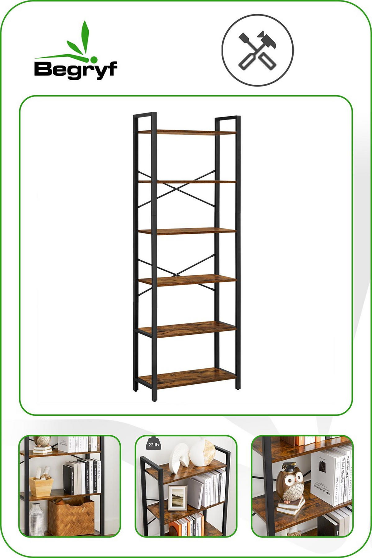 STANDREGAL Holzoptik Metall Dunkelbraun Schwarz 6 Böden 66x30x186 cm - Dunkelbraun/Schwarz, Holzwerkstoff/Metall (30/186/66cm) - Begryf