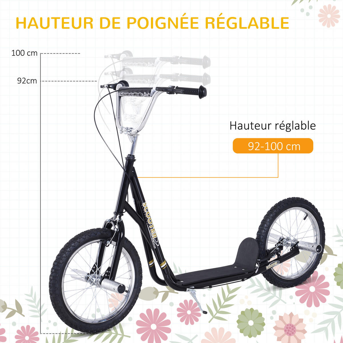 KINDERSCOOTER DE-16933 Große Luftreifen Ø 41 cm mit Pegs Schwarz - Schwarz, Metall (143/58/100cm) - ComfortXL
