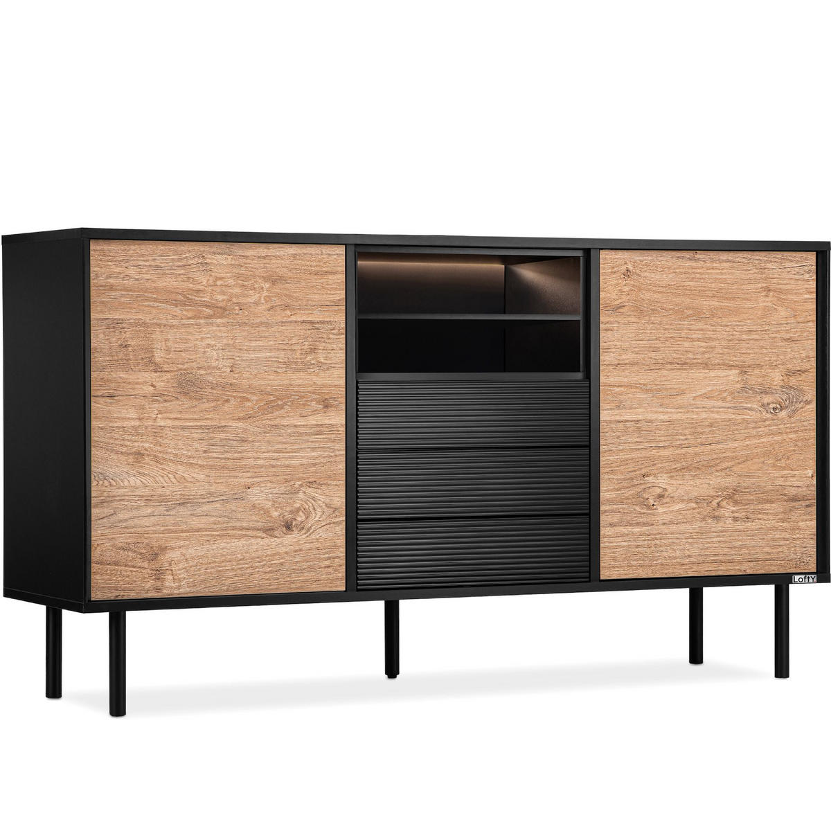 KOMMODE LOFTY TV/HiFi-Einlage, schwarz / Eiche natur - Eichefarben/Schwarz, Holzwerkstoff (151/84/41cm) - KONSIMO®