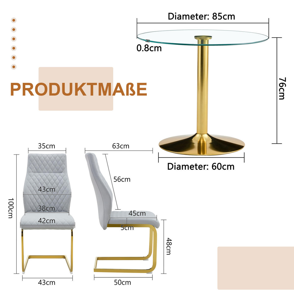 TISCH-STUHL-SET Glas 85 cm Gold Hellgrau 5-tlg. - Goldfarben, Metall (85/76/85cm) - Meubliv