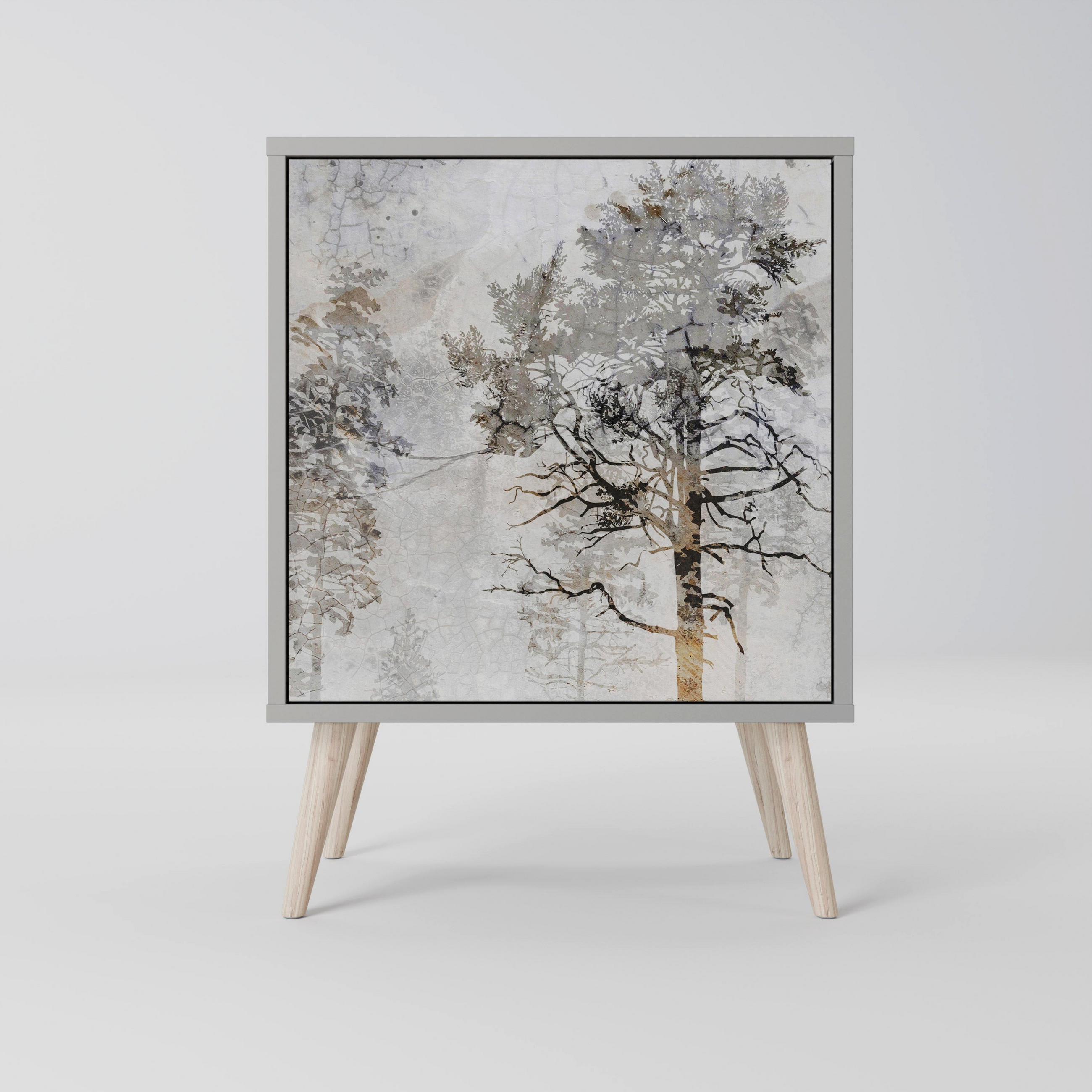 SIDEBOARD FADE IN THE TREES, Grau, 57,5x42x77,5 cm, Schräge Buchenholzfüße - Buchefarben/Multicolor, Holzwerkstoff/Buchenholz (57.5/77.5/42cm) - SpaceRebels