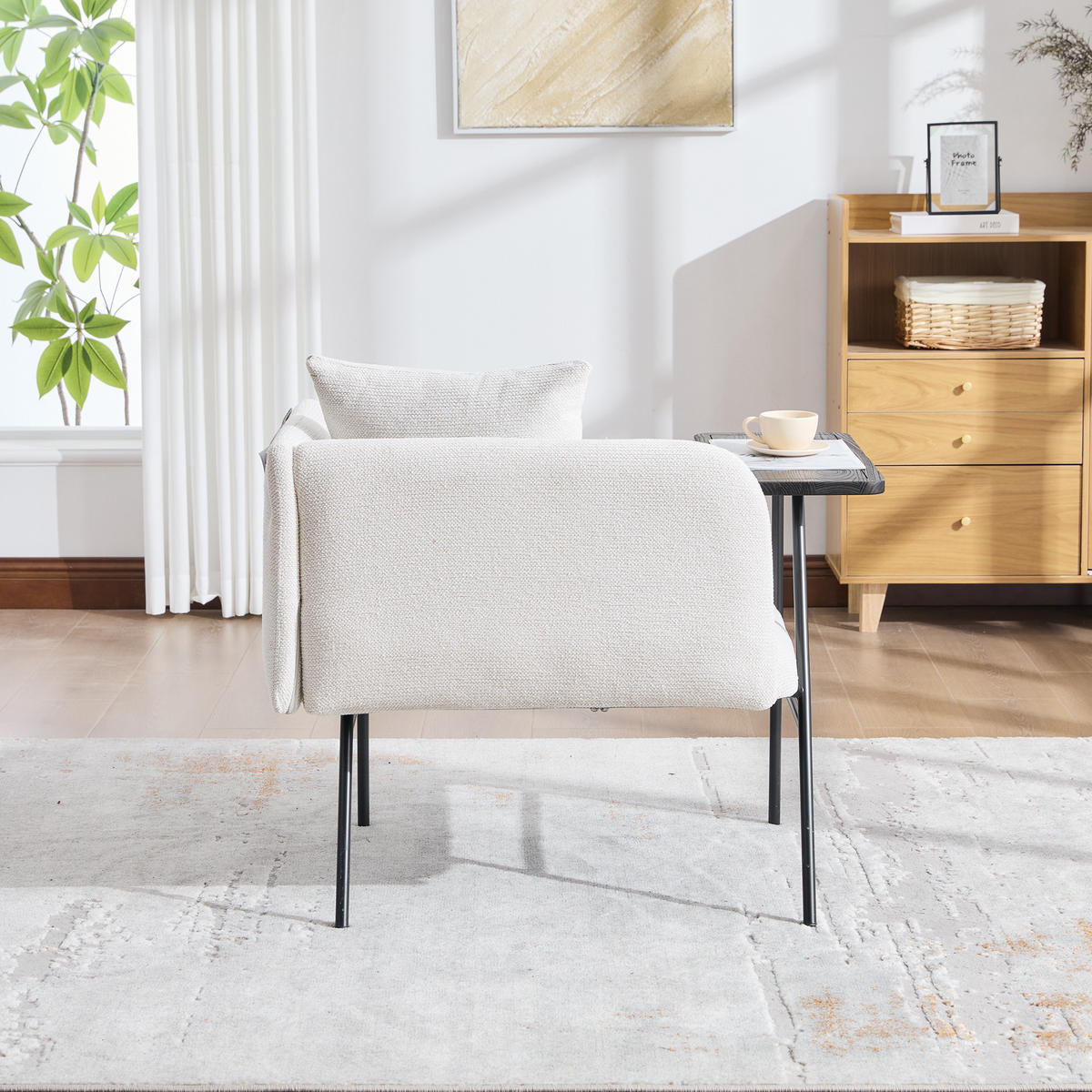 SESSEL Chenille Beige mit Beistelltisch und Seitentaschen - Beige, Textil/Metall (86/71/72cm) - WISHDOR