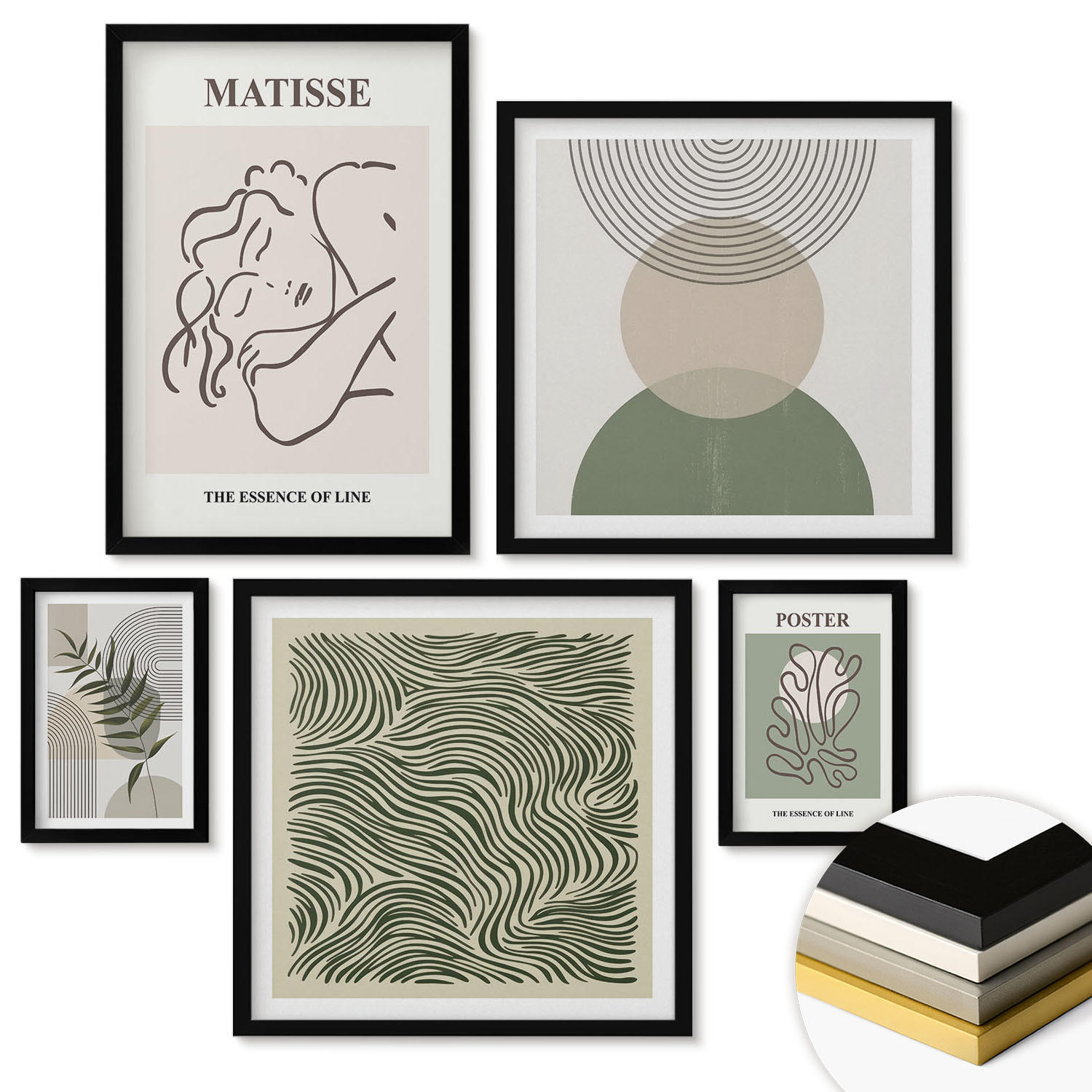 WANDBILDER 5er-Set - 50x50 cm & 20x30 cm & 40x60 cm Schwarzer Rahmen - Geometrische botanische Muster - Schwarz, Kunststoff (40/60cm) - ArtPrintCave