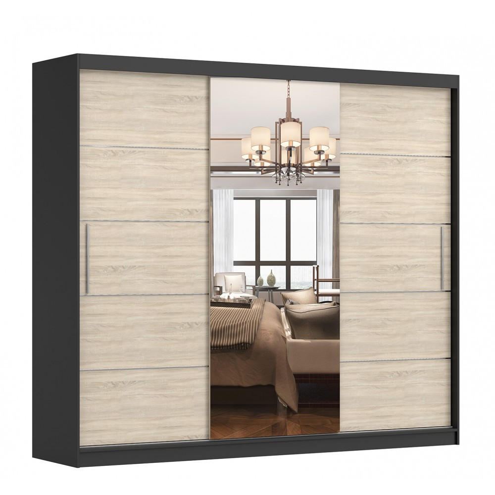 SCHWEBETÜRENSCHRANK Alba Schwarz/Sonoma Eiche + Spiegel, ohne LED Beleuchtung 250 cm - Alufarben/Schwarz, Glas/Holzwerkstoff (250/218/61cm) - imoebel24