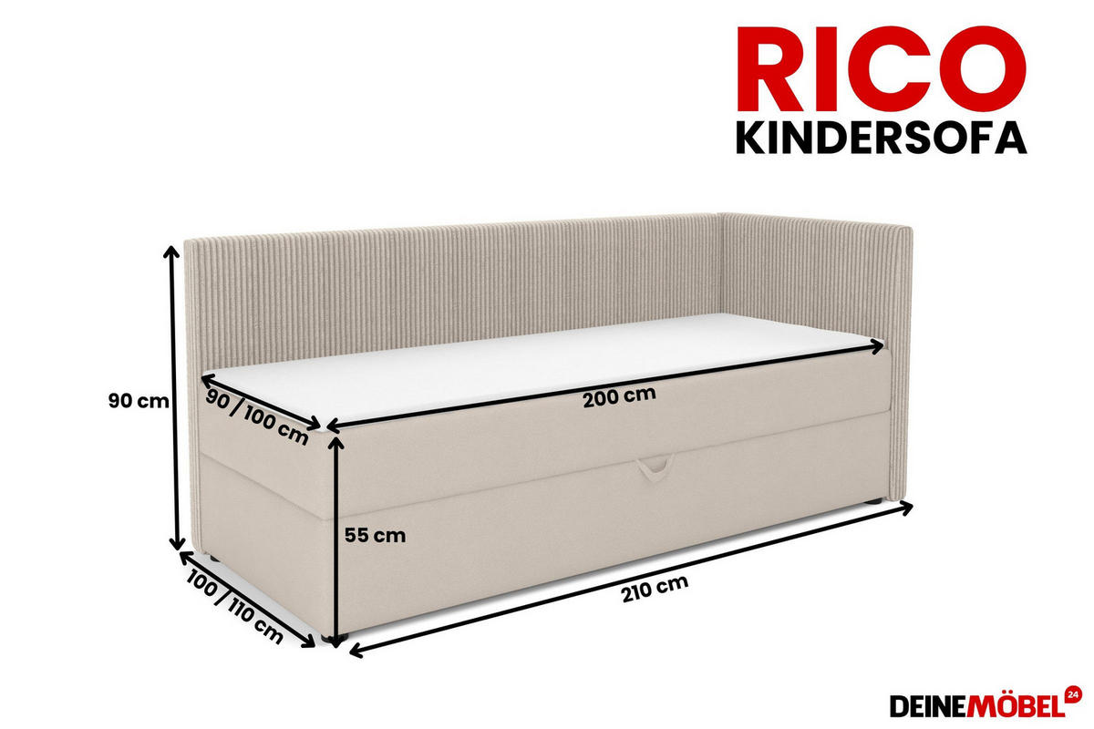 BOXBETT RICO 90/200 in Cord/Velours Ecru H4 links - Ecru, Holz/Holzwerkstoff (90/200cm) - Deine Möbel 24
