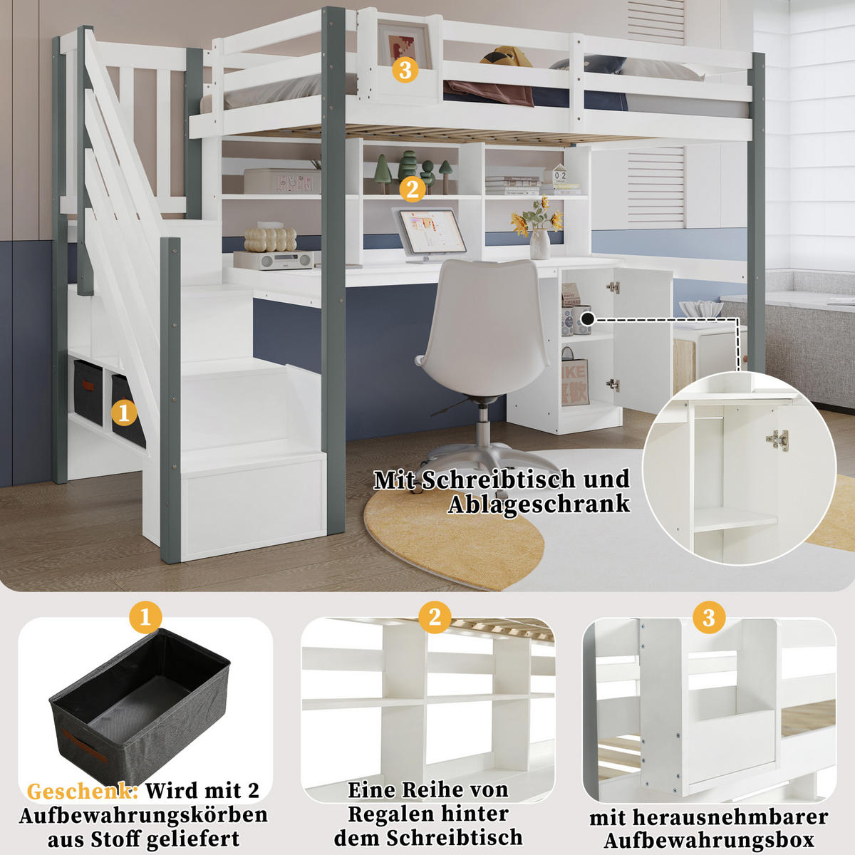 HOCHBETT 90/200 cm Weiß/Grau aus Massivholz und MDF mit Schreibtisch und Stauraum - Weiß, Holz (90/200cm) - OKMYHOME