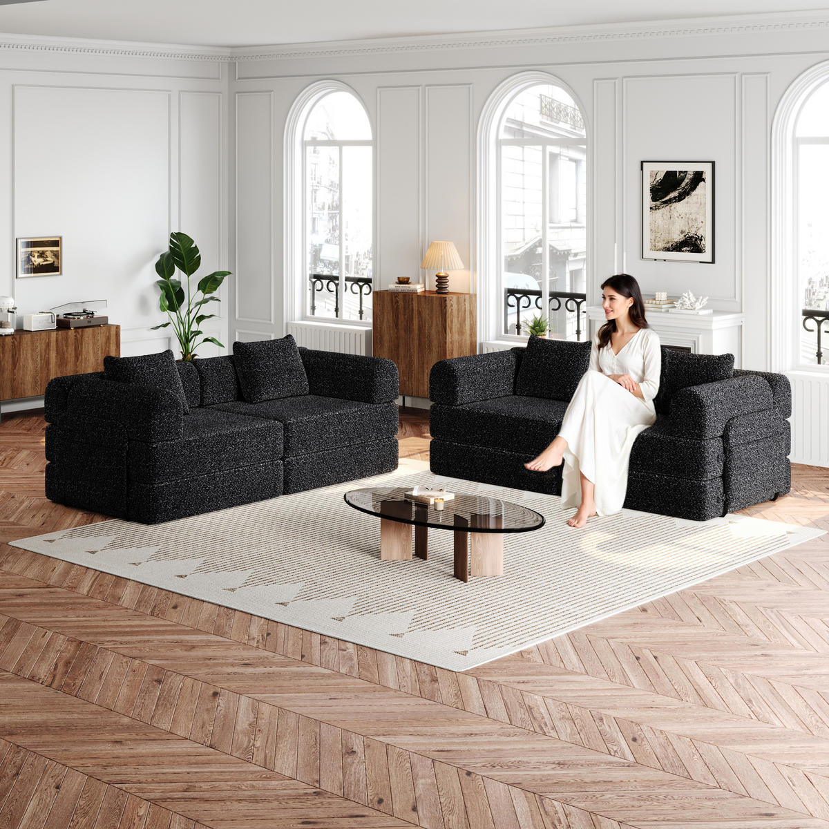 SITZGARNITUR 2-in-1 mit Armlehnen-Ablagefach Chenille Schwarz 200/90/85 cm - Schwarz, Textil (181.6/49.5/94cm) - OKWISH