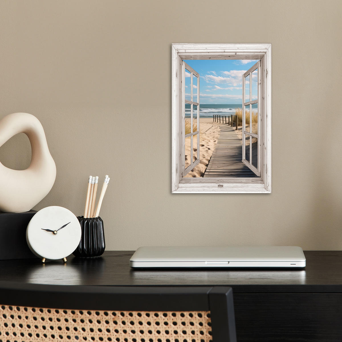 POSTER Fenster - Meer - Küste - Natur - Ausblick - Strand - Wattenmeer 20x30 cm - Beige, Papier (20/30/0.1cm) - MuchoWow