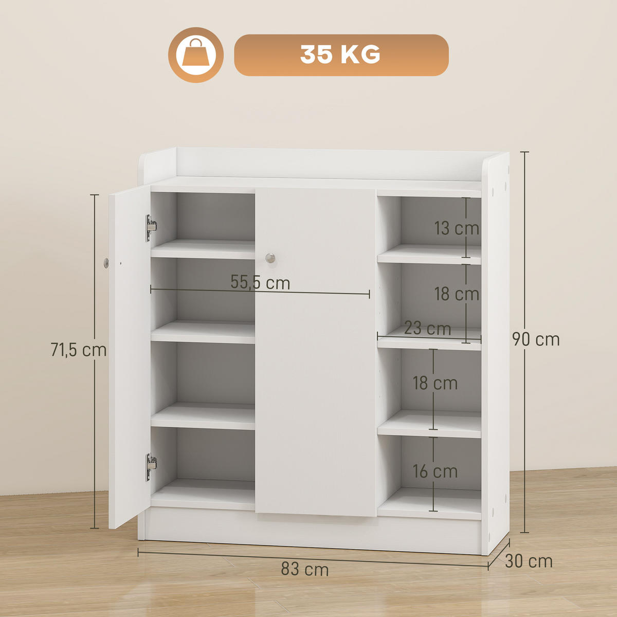 SCHUHSCHRANK Weiß Holzwerkstoff mit Türen und Fächern 1 Stück - Weiß, Holz (83/90/30cm) - PANGIVO