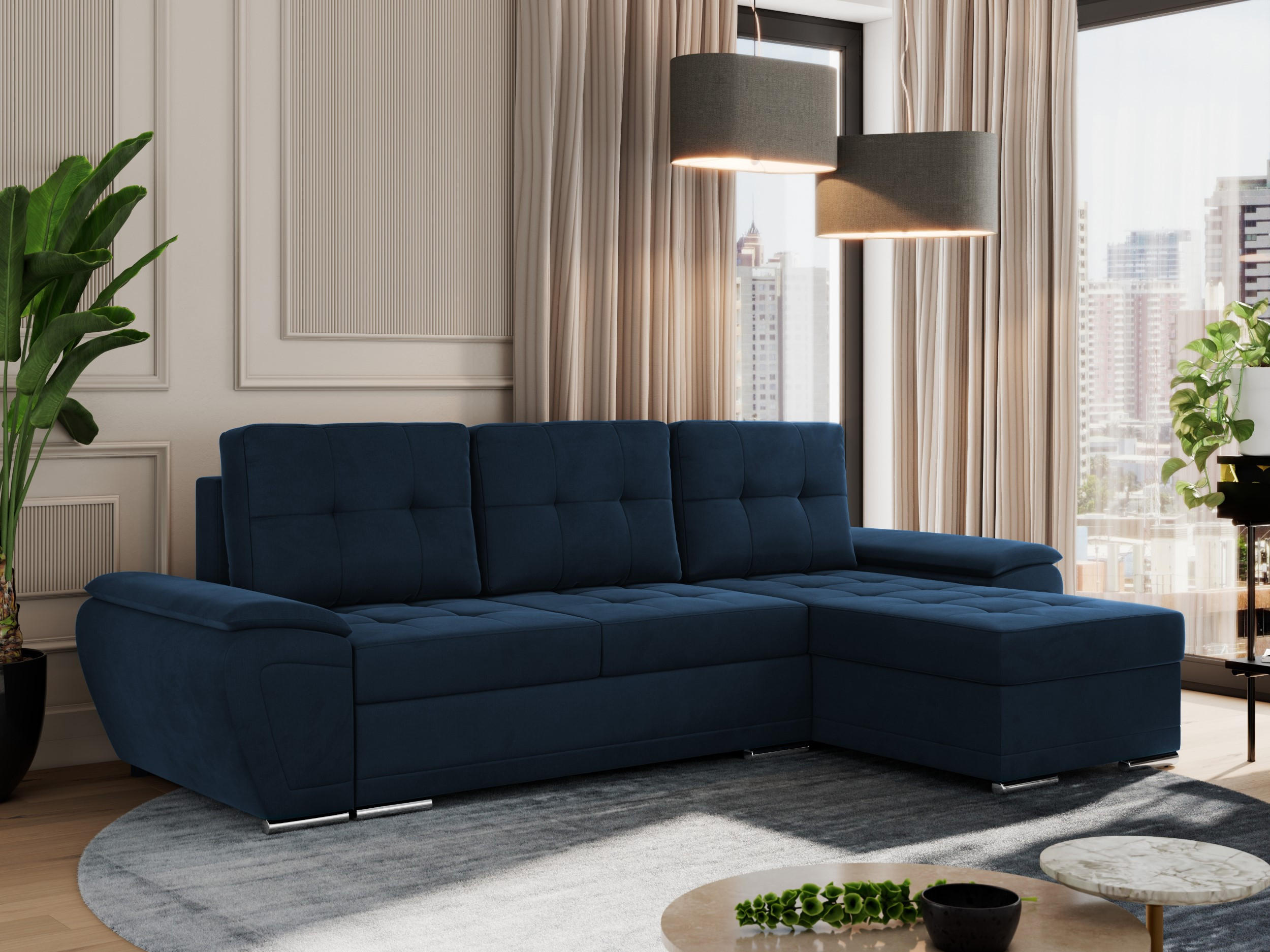 ECKSOFA UMBRIA L Dunkelblau Velvet - Dunkelblau/Grau, Textil (271/157cm) - MKS