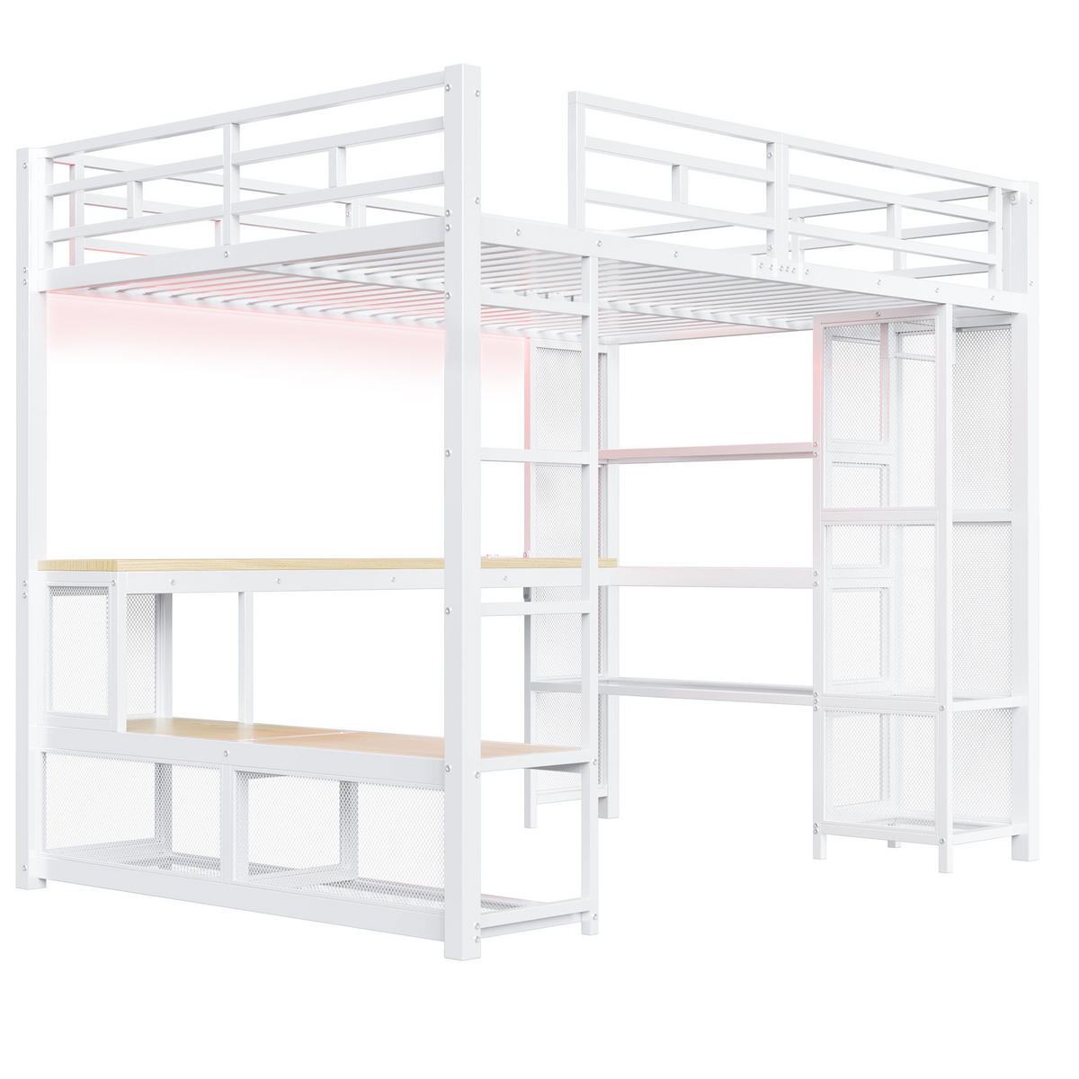 HOCHBETT 140/200 cm in Weiß mit Schreibtisch, LED und USB - Weiß, Holzwerkstoff/Metall (140/200cm) - WISHDOR
