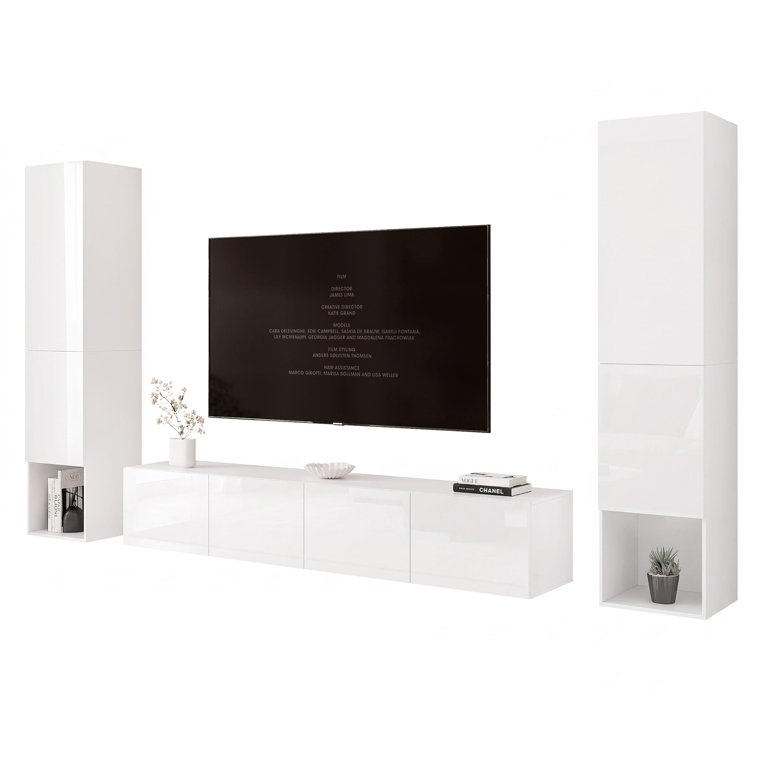 WOHNWAND ANGEL LINE II 3-teilig, mit LED-Beleuchtung, Weiß Hochglanz - Weiß Hochglanz, Holzwerkstoff (280/180/40cm) - Idohome