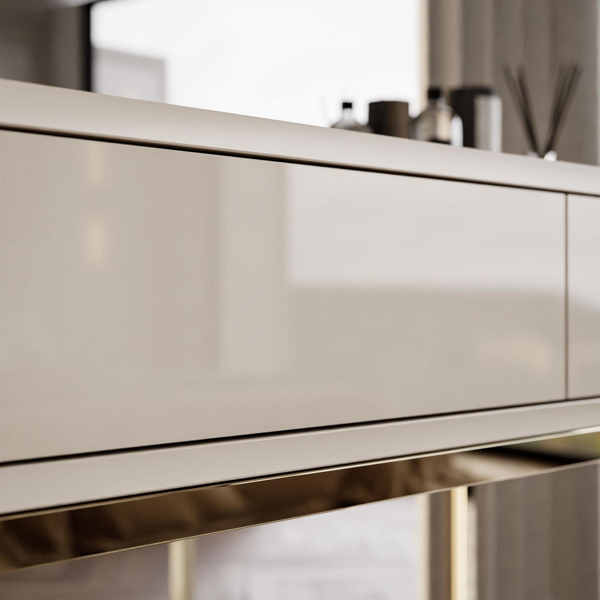 KONSOLE Glamour auf goldchrom Gestell PUSH OPEN - Kaschmir/Goldfarben, Holzwerkstoff (100/81/42cm) - Lookway