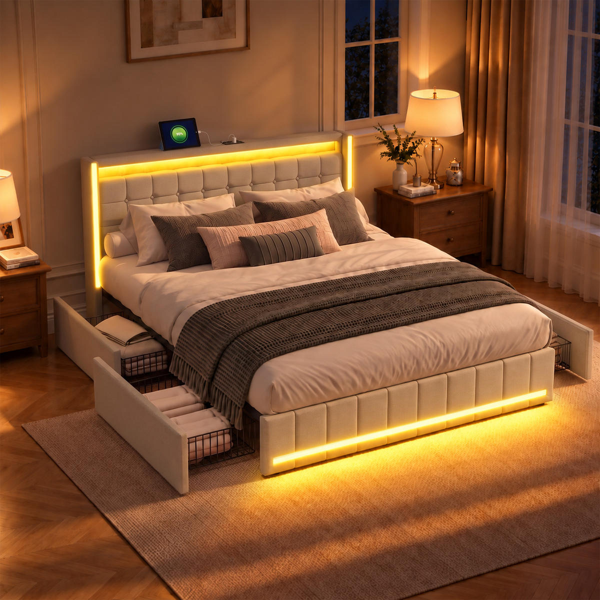 POLSTERBETT 140x200 cm,Doppelbett 140x200 mit 4 Schubladen, LED und Ladefunktion - Beige/Naturfarben, Holz/Textil (140/200cm) - PARAFTA HOME