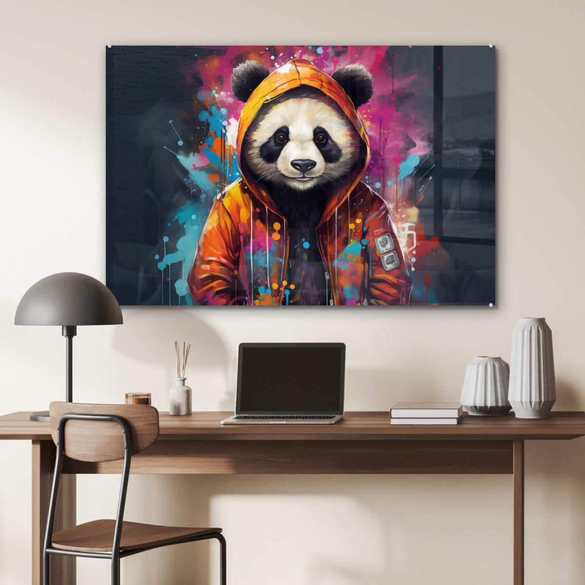 ACRYLGLASBILD Panda - Jacke - Graffiti - Orange 90x60 cm - Orange, Glas (90/60cm) - MuchoWow