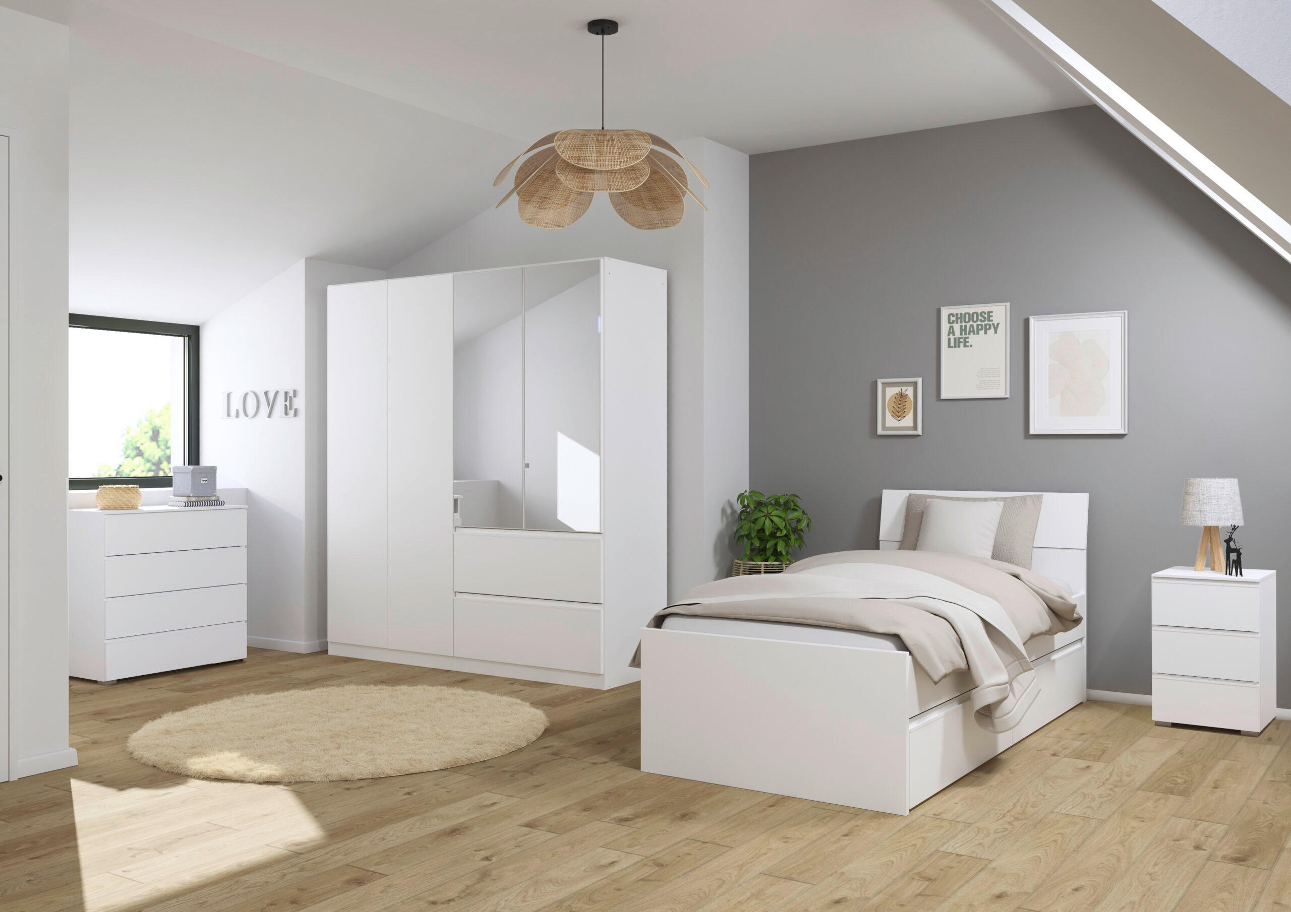 JUGENDZIMMER Joel in Weiß 4 teilig – mit 4türigem Kleiderschrank mit Spiegel, 90er Jugendbett, Nachttisch und Kommode - Weiß, Holzwerkstoff (80/200/120cm)