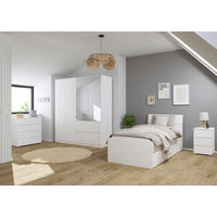 JUGENDZIMMER Joel in Weiß 4 teilig – mit 4türigem Kleiderschrank mit Spiegel, 90er Jugendbett, Nachttisch und Kommode - Weiß, Holzwerkstoff (80/200/120cm)