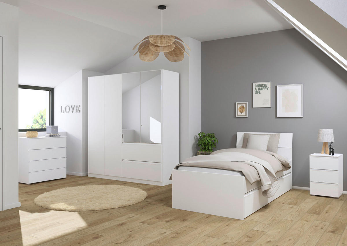 JUGENDZIMMER Joel in Weiß 4 teilig – mit 4türigem Kleiderschrank mit Spiegel, 90er Jugendbett, Nachttisch und Kommode - Weiß, Holzwerkstoff (80/200/120cm)