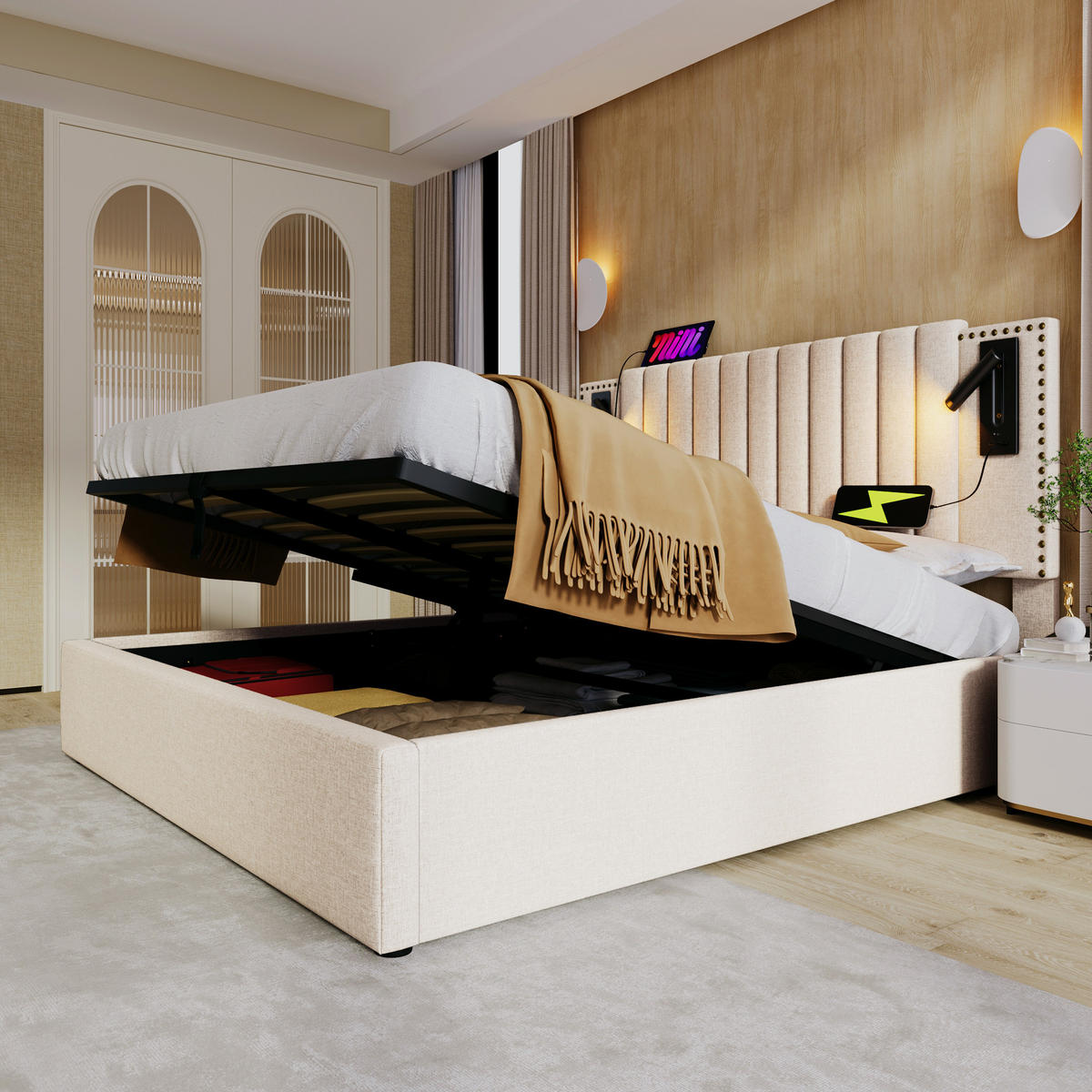 POLSTERBETT mit Bettkasten 180x200 cm Beige mit USB und Leselicht - Beige, Metall (180/200cm) - Meubliv