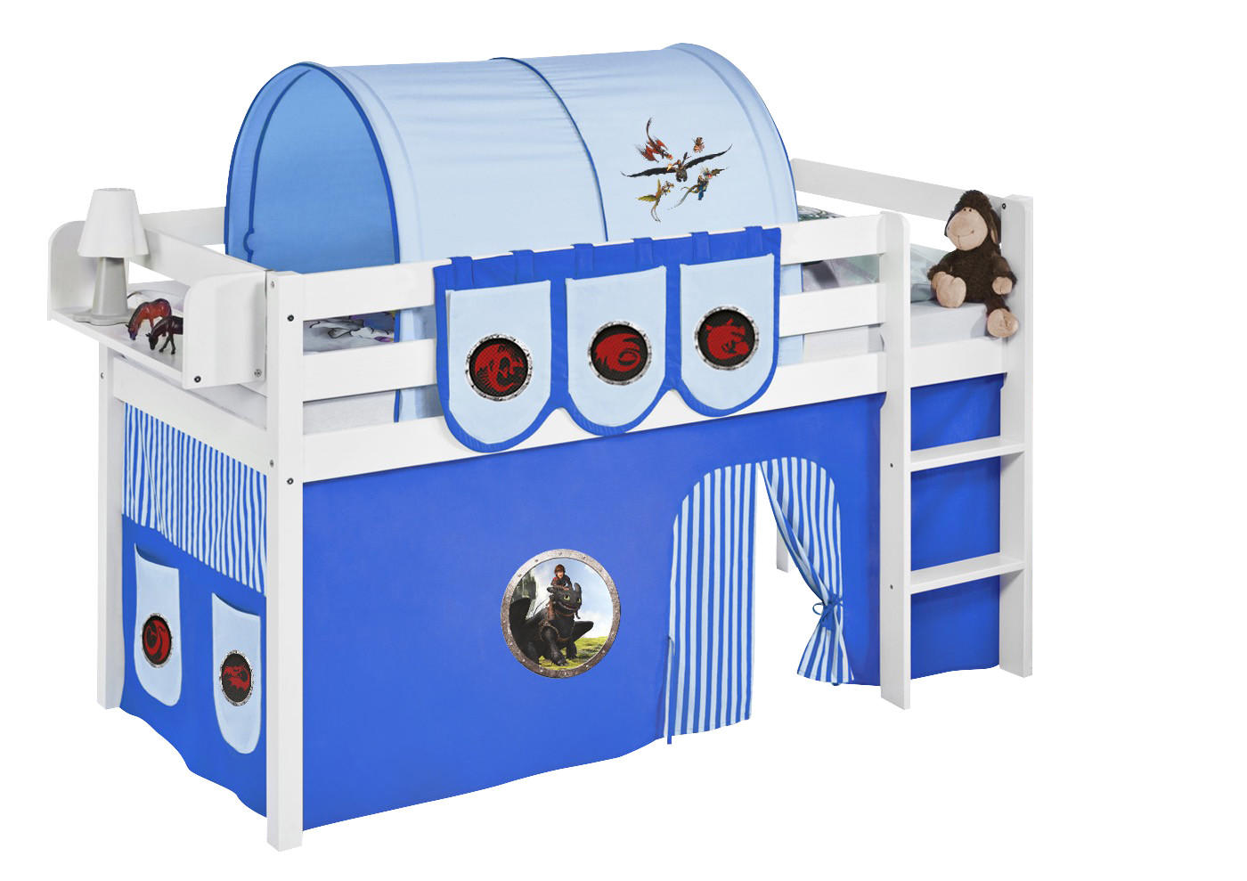 HOCHBETT Jelle mit DRAGONS Vorhang - Kinderbett - Weiß, Holz - Lilokids