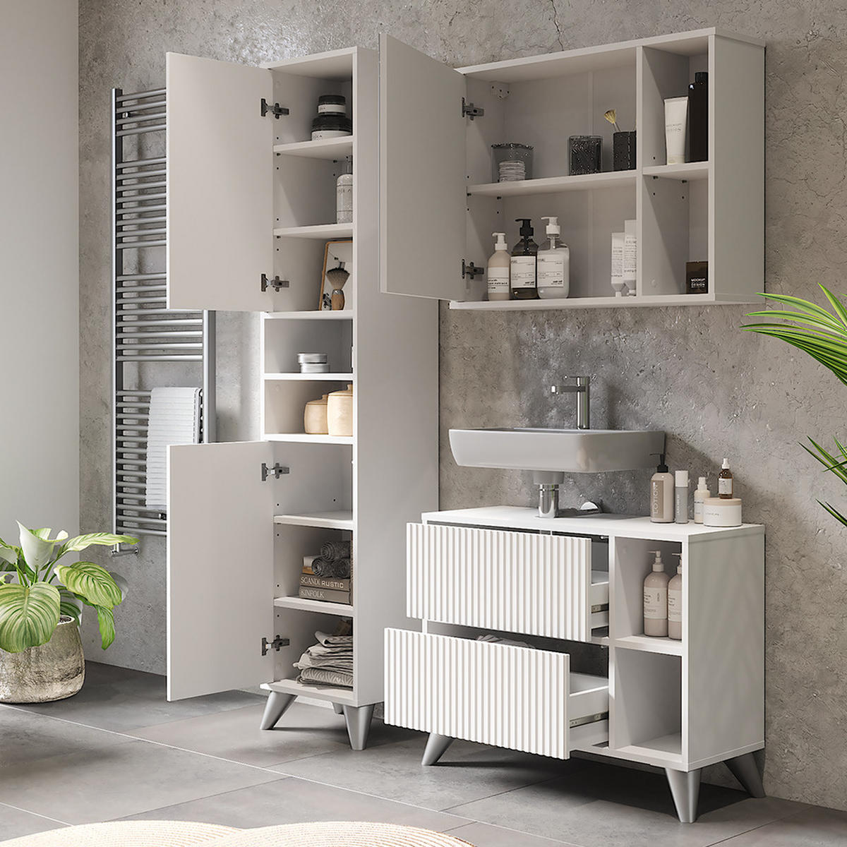 BADMÖBEL-SET Leano Weiß 80 cm, Set 3 - Weiß, Holzwerkstoff (80/62/30cm) - Vicco
