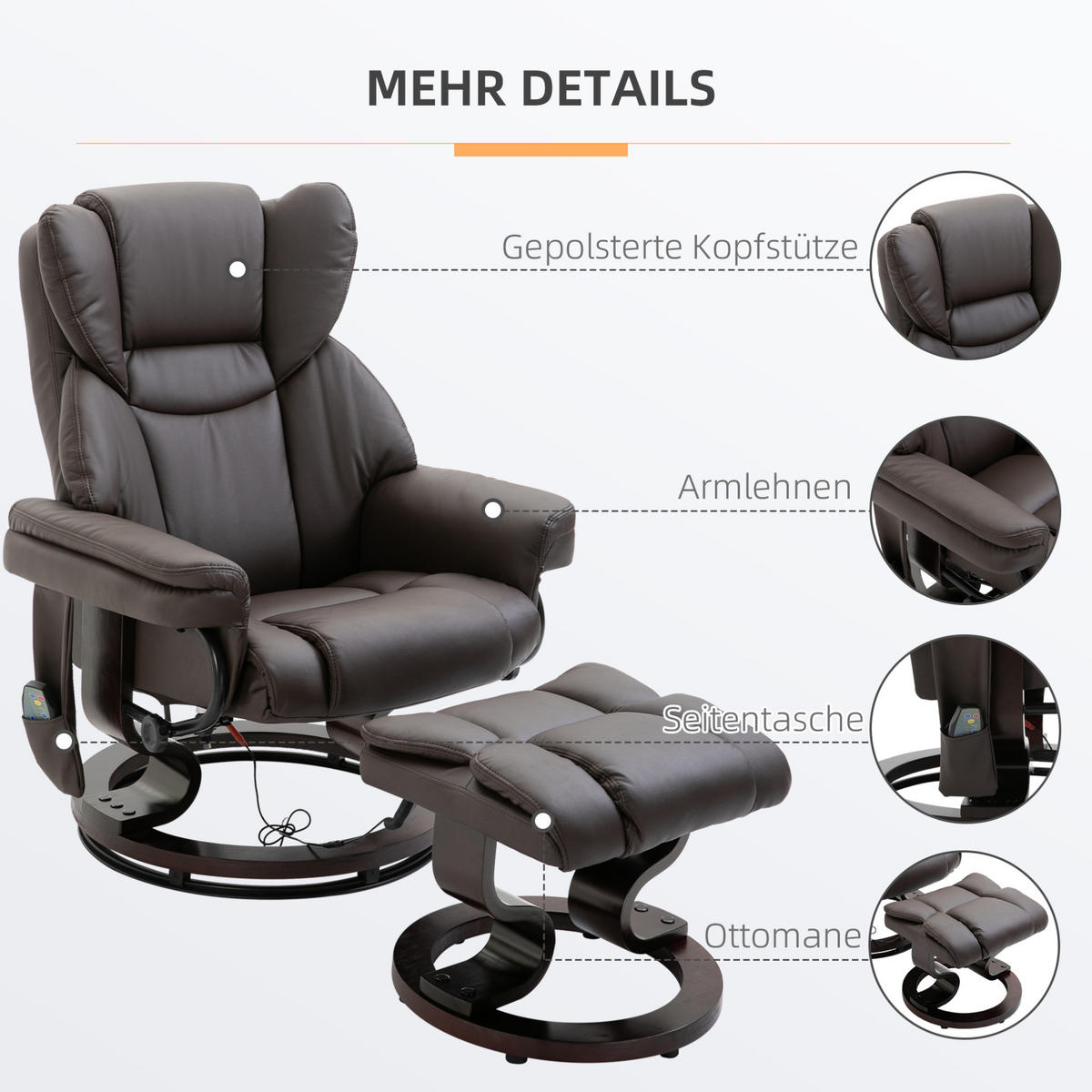 MASSAGESESSEL in Braun 82x79x101 cm mit Hocker, Liegefunktion und 360°-Drehfunktion - Braun, Metall (79/101/82cm) - IVMEU