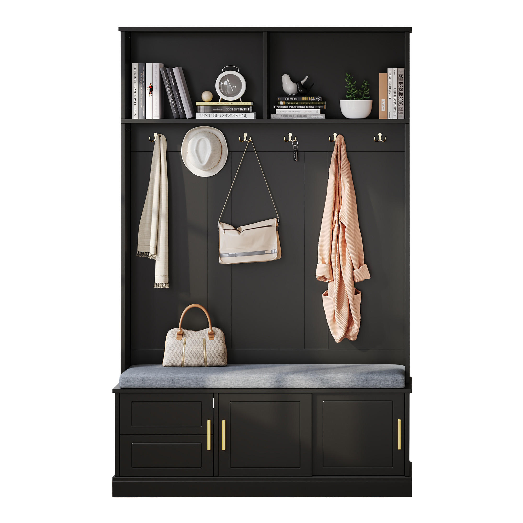 STANDGARDEROBE 120/40/191 cm in Schwarz mit 6 Haken, Sitzbank und Schuhablage - Schwarz, Holzwerkstoff (40/191/120cm) - BEAOK