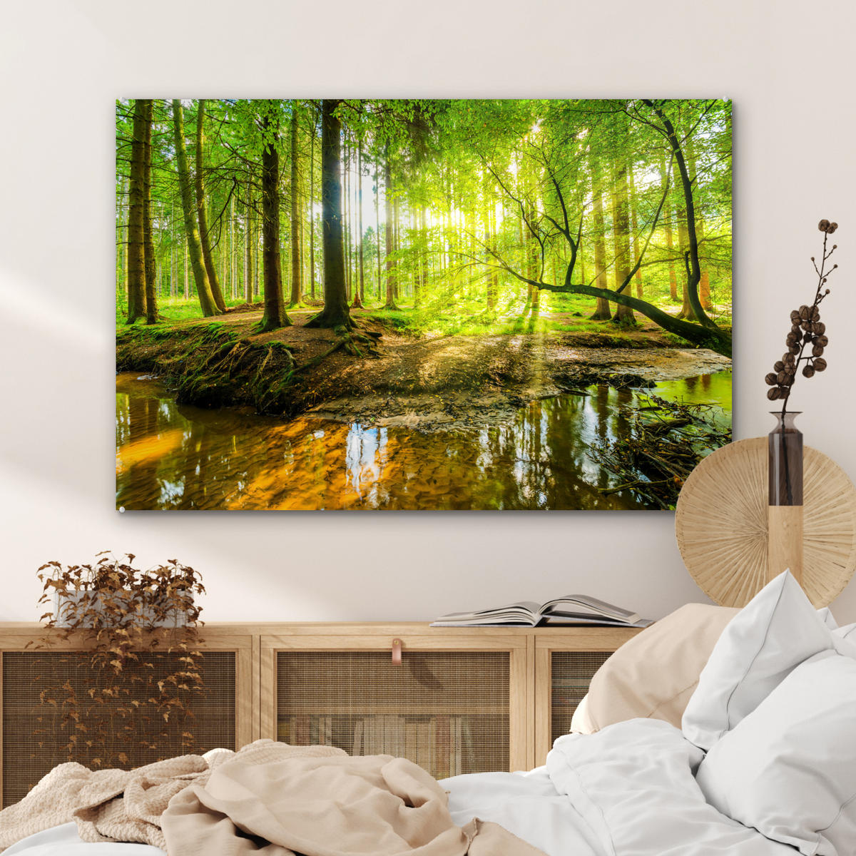 ACRYLGLASBILD Wald - Landschaft - Wasser - Bäume - Sonne - Grün - Natur 120x80 cm - Grün, Glas (120/80cm) - MuchoWow