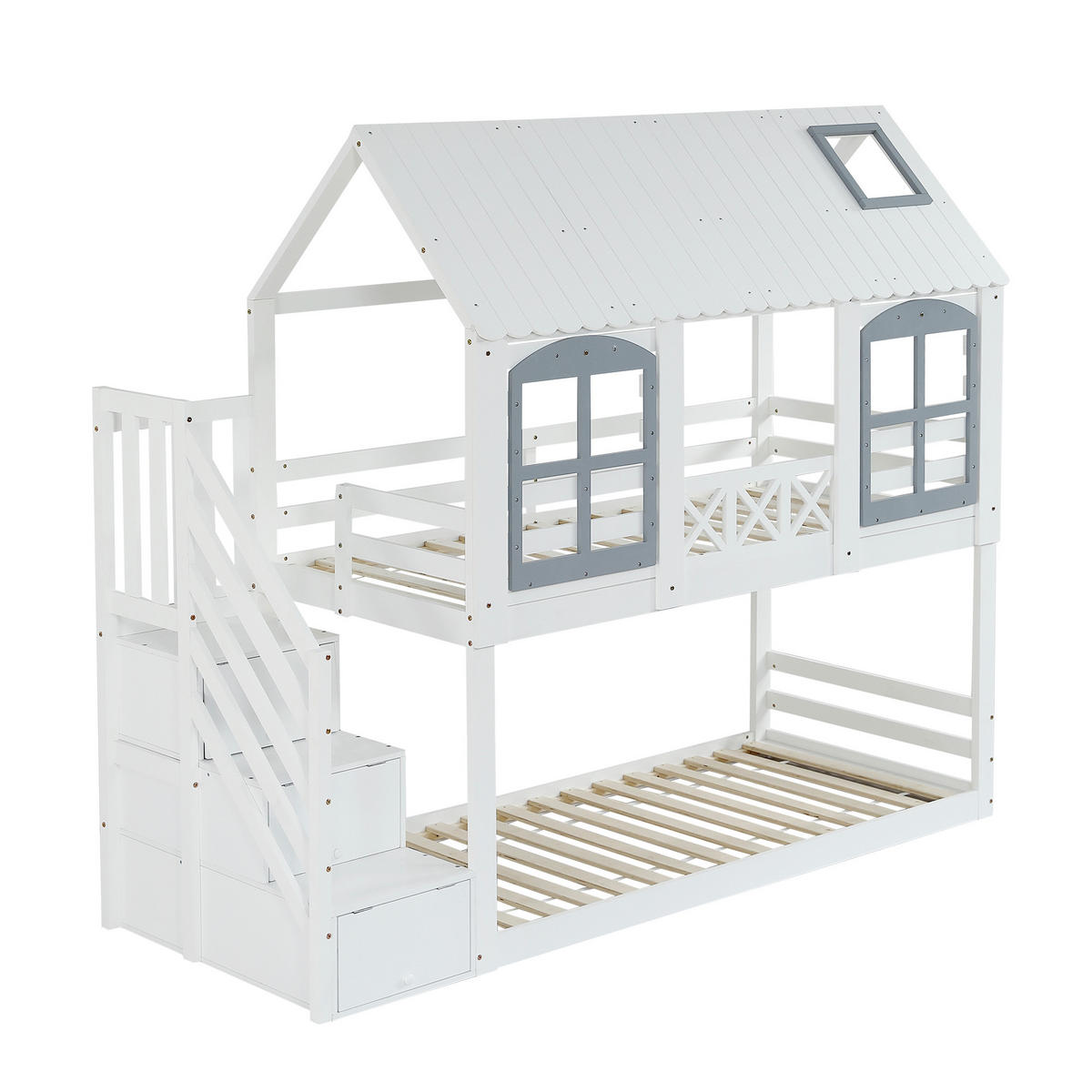 ETAGENBETT Kinder 90x200 Weiß+Grau mit Dach, Fenster und Stauraumtreppe - Weiß, Holz (90/200cm) - ComfortXL