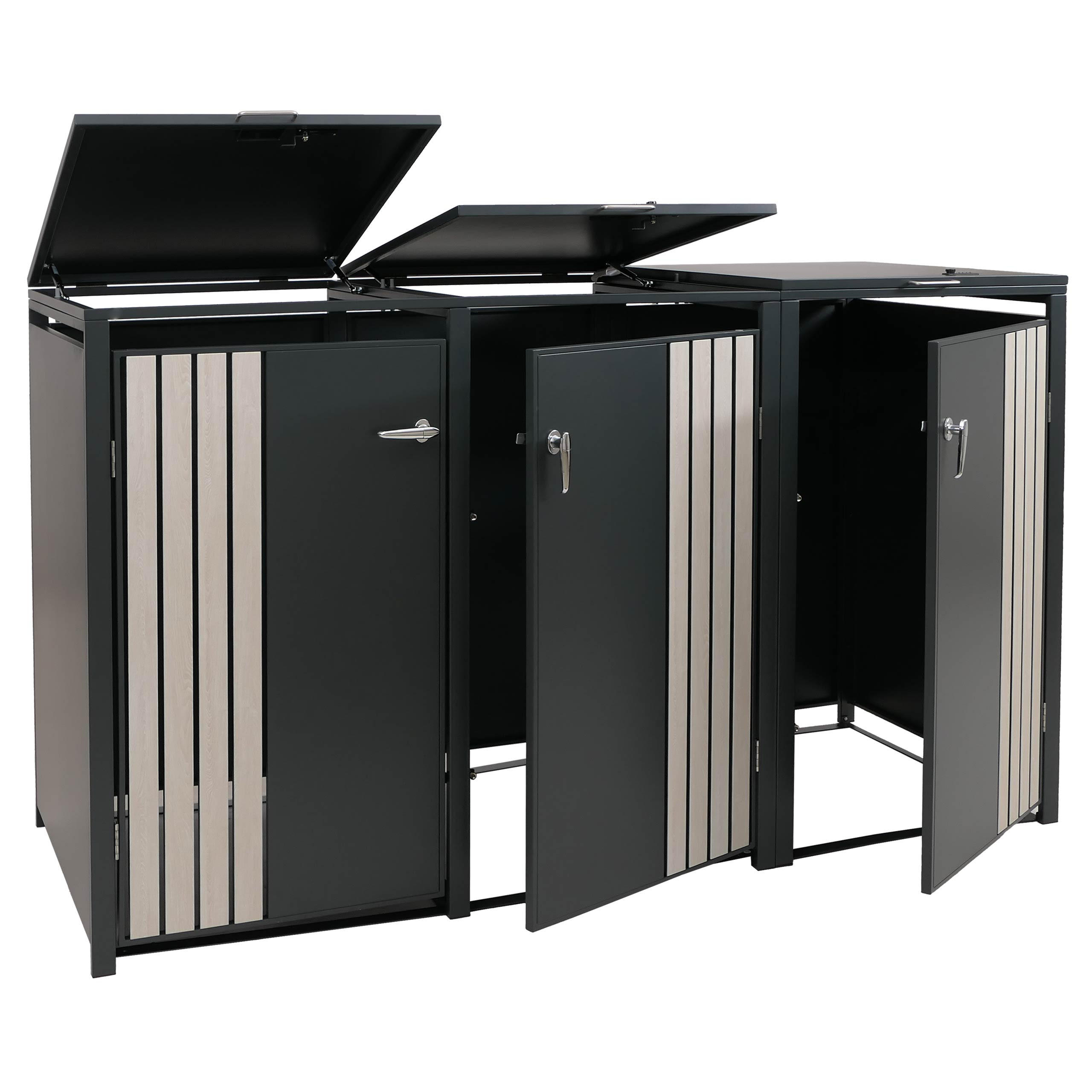 MÜLLTONNENBOX 3er mit Deckel HxBxT 122x200x84cm Anthrazit Holzoptik hell - Anthrazit, Metall (200/122/84cm) - PROREGAL