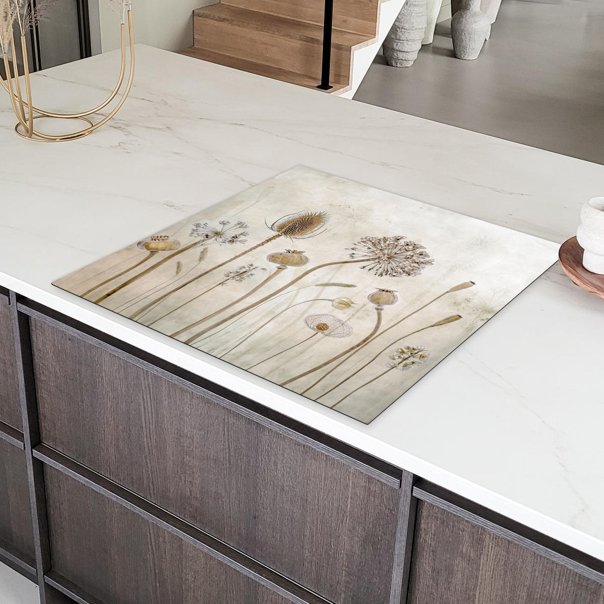 HERDABDECKPLATTE Blumen - Aquarell - Stilleben - Braun - Vintage Induktionsmatte 78x78 cm - Sandfarben, Kunststoff (78/78/0.2cm) - MuchoWow