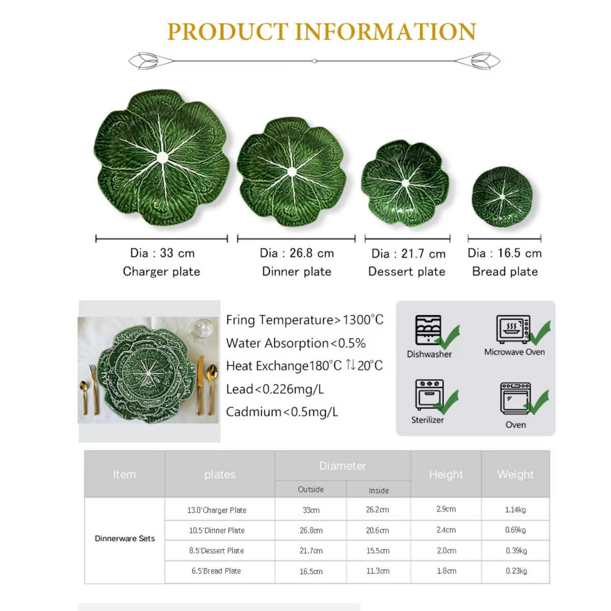 TAFELSERVICE 4-teilig Porzellan Grün Blattstruktur 33/26,8/21,7/16,5 cm - Grün, Keramik (33/2/33cm) - Quality Elegance