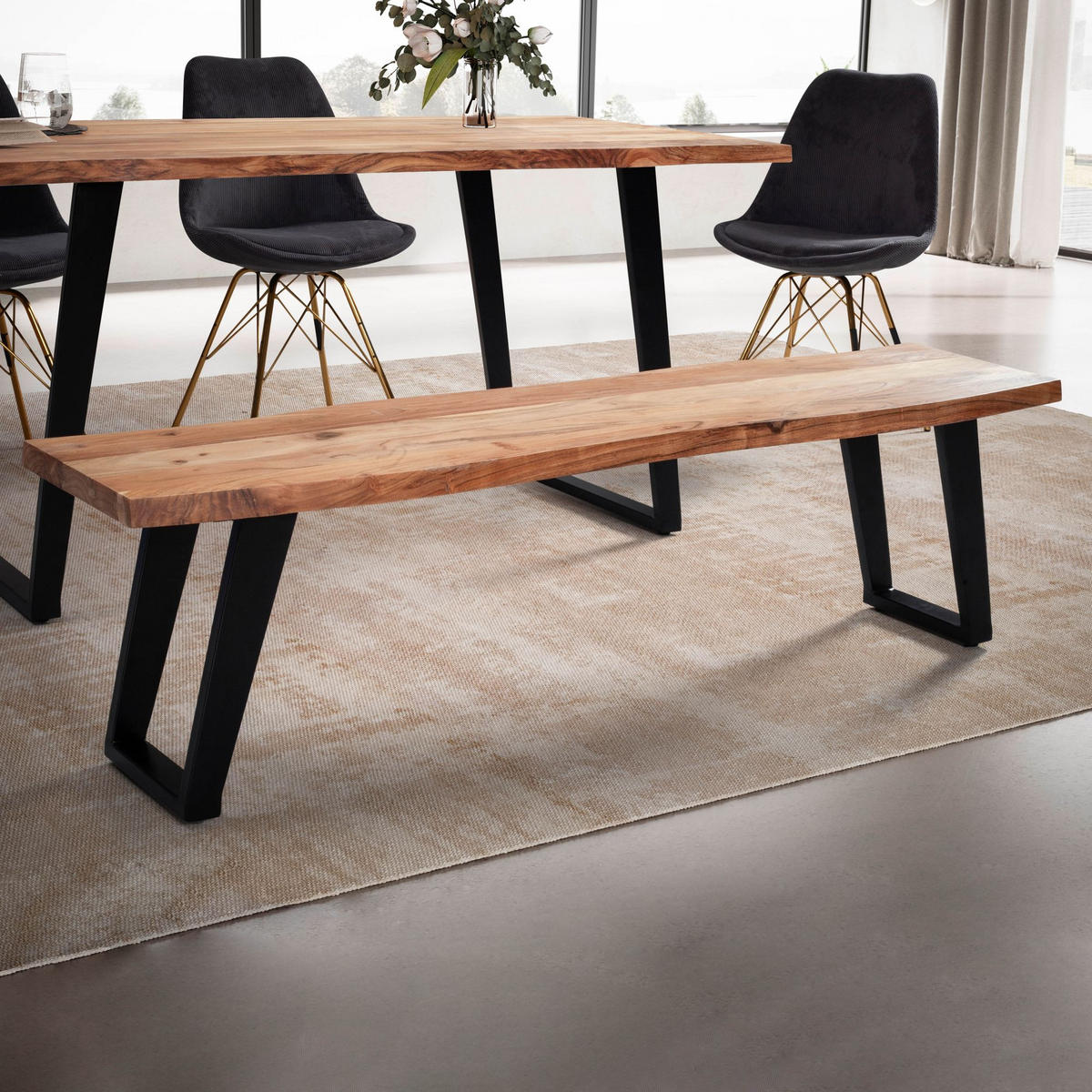 ESSZIMMERBANK Massivholz Metall Baumkante U-Beine, Akazie 120x40x46 cm - Schwarz/Braun, Holz/Metall (120/46/40cm) - KADIMA DESIGN