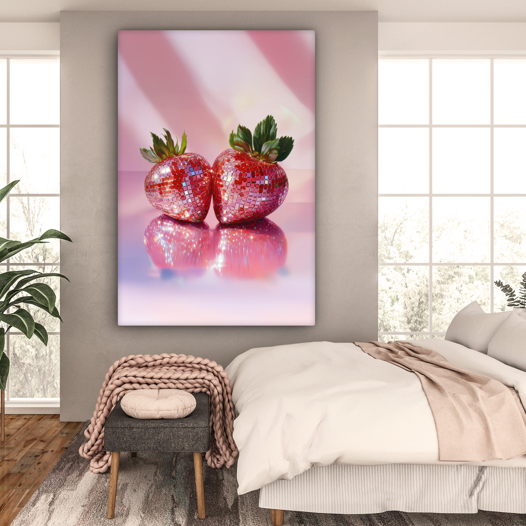 LEINWANDBILD Disco - Obst - Glitzer - Erdbeere 90x140 cm - Pink, Textil (90/140cm) - MuchoWow