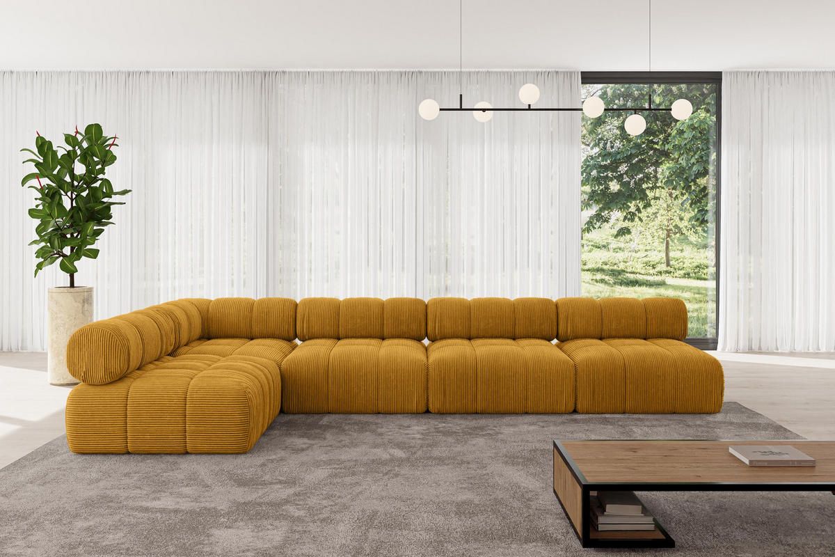 ECKSOFA modulares Sofa Samaro-L3 - 380x190x70 cm Senfgelb Cord - Currygelb, Holzwerkstoff/Textil (380/190cm) - ALTDECOR