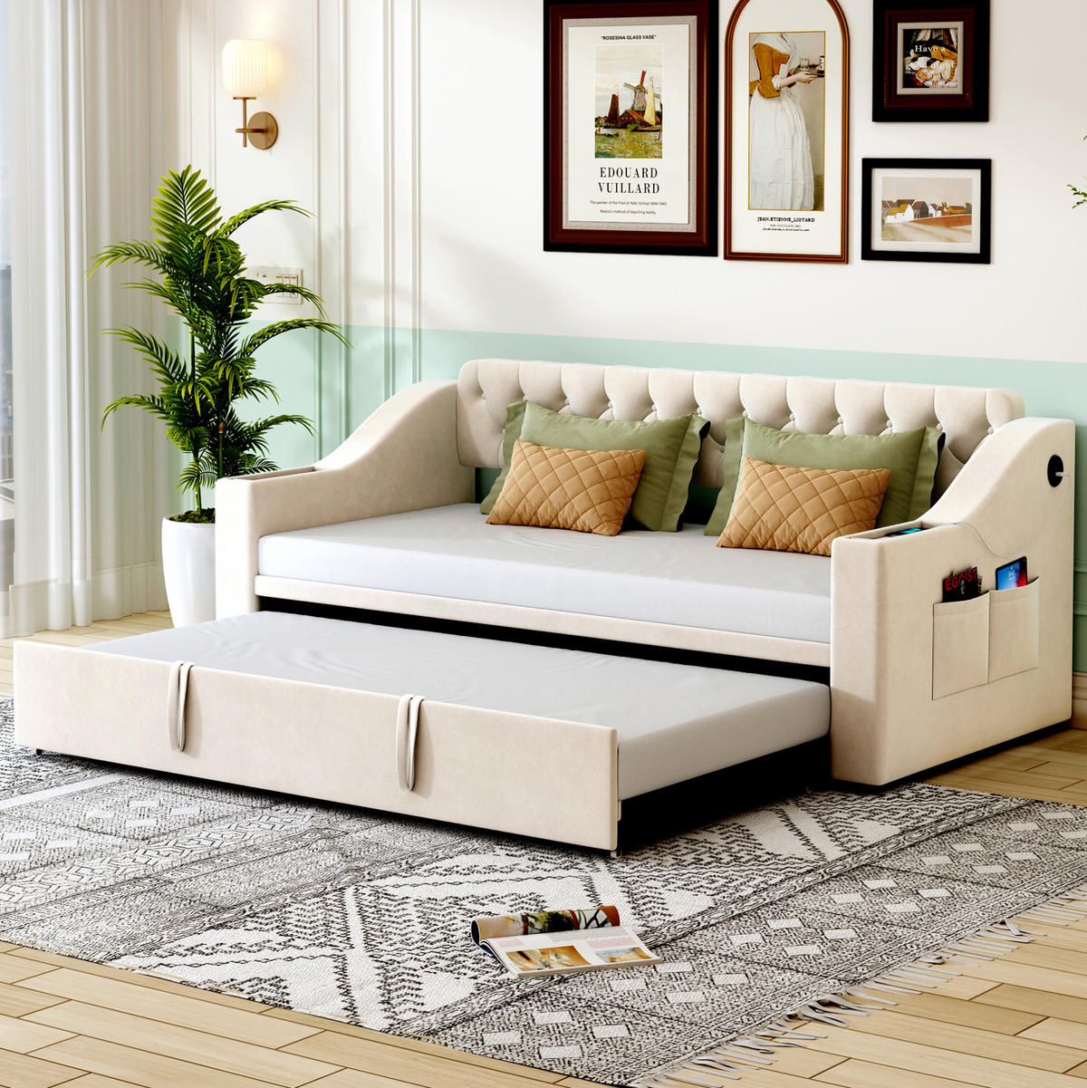 AUSZIEHBETT 90/180×190 cm Beige mit USB- und Type-C-Anschlüssen - Beige, Textil (90/180cm) - Flora Grace