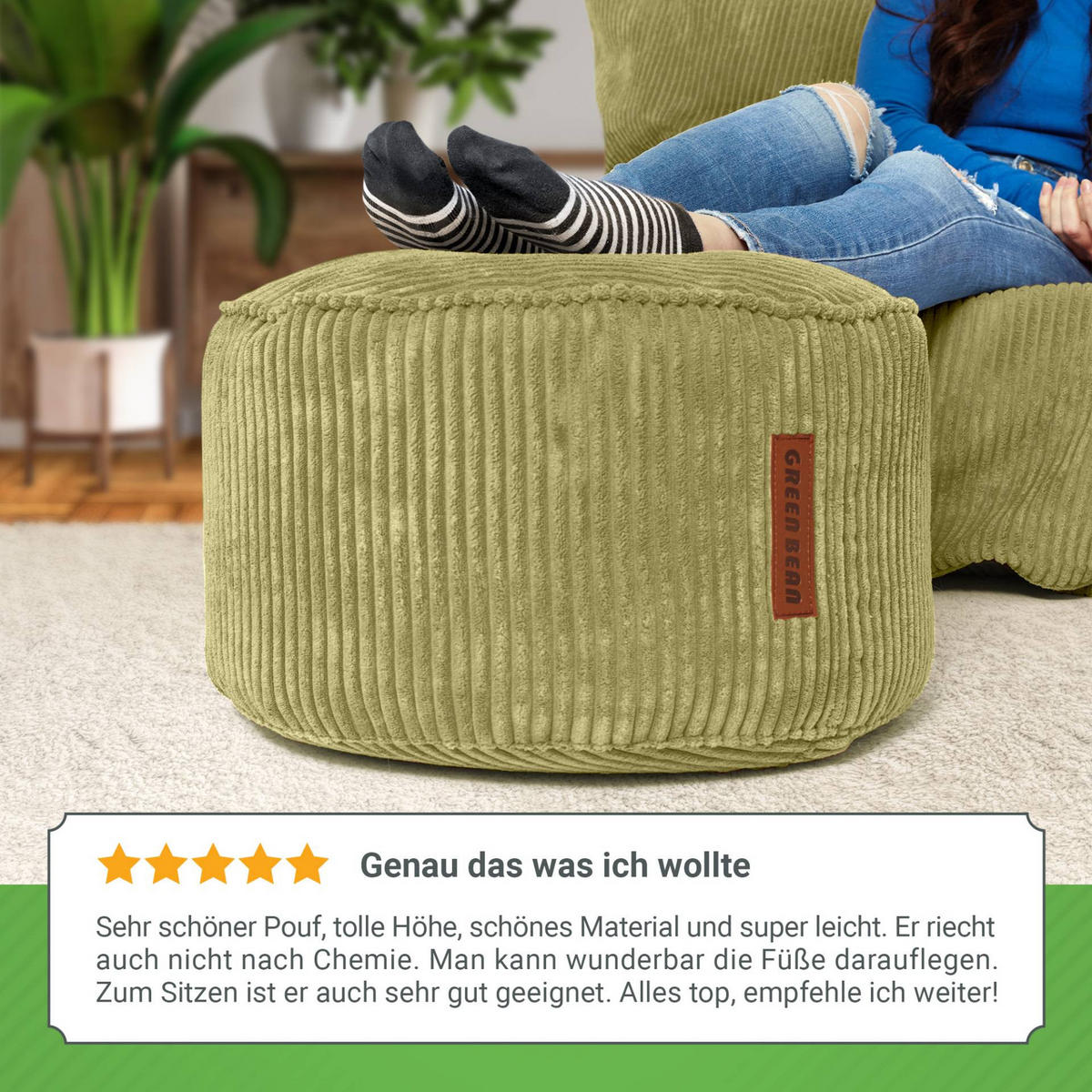 SITZSACK-HOCKER Pouf "Cord" 45x25cm - Grün, Textil (45/25/45cm) - Green Bean