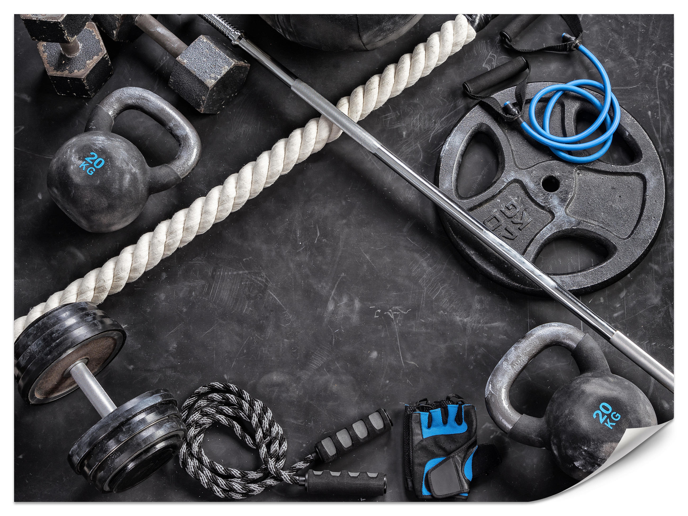 FOTOTAPETE für Fitnessstudio Sportgeräte zum Trainieren Kettlebells Hanteln 350x256 - Blau/Creme, Papier (350/256cm) - Muralo