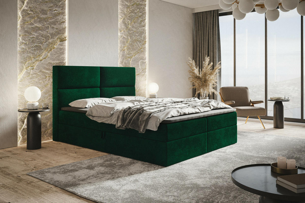 BOXSPRINGBETT mit Matratze 180x200 Coral, Samt, Bettkasten, Grün - Grün, Holz/Textil (180/200cm) - Emporius