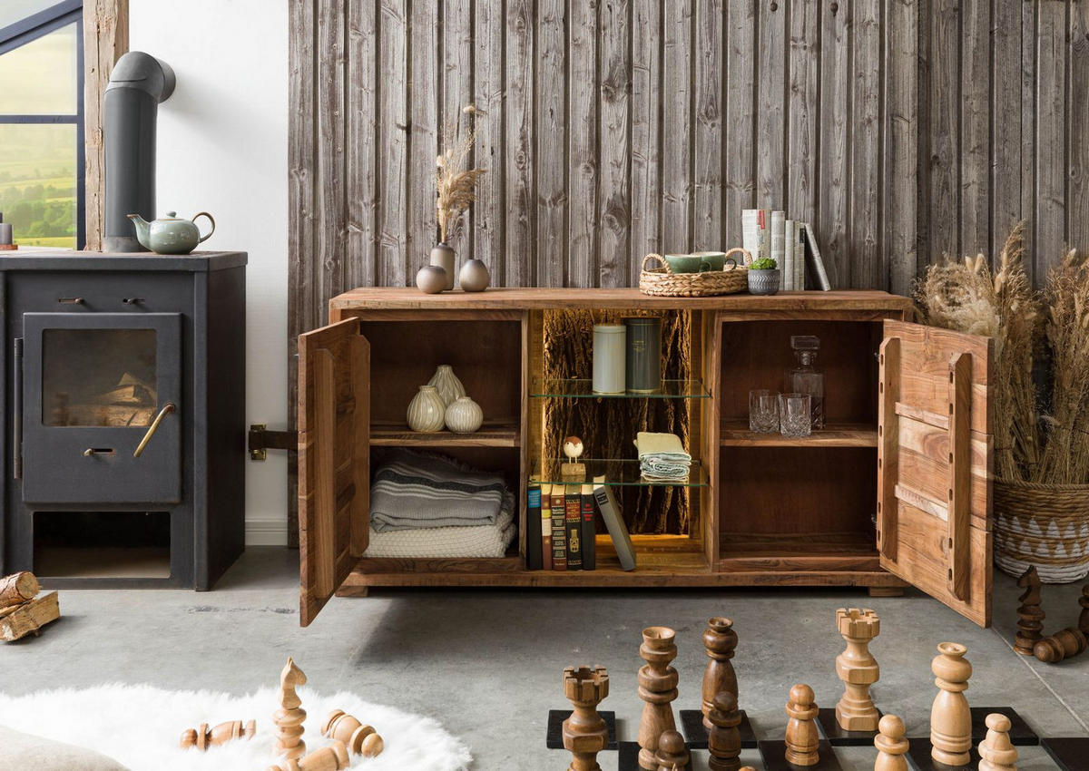 SIDEBOARD Akazie 145x40x78 natur lackiert BARK #100 - Braun, Holz (145/78/40cm) - Massivmoebel24
