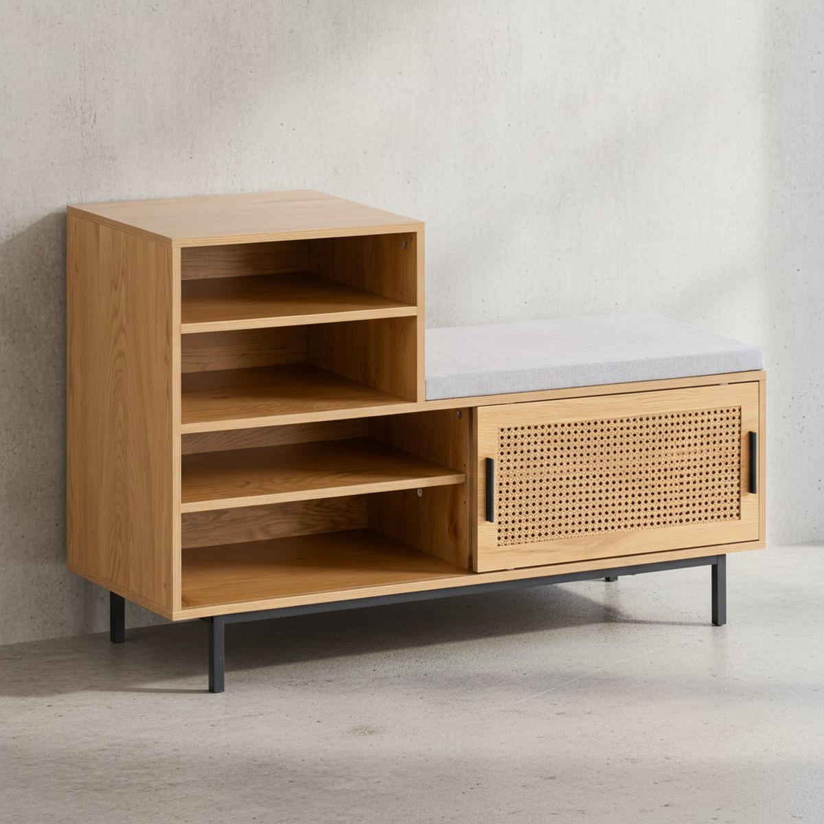 SCHUHBANK – Eiche-Dekor, 120x75,5x40 cm, Rattan-Elemente, Sitzbank gepolstert - Schwarz/Braun, Textil/Metall (120/76/40cm) - KADIMA DESIGN