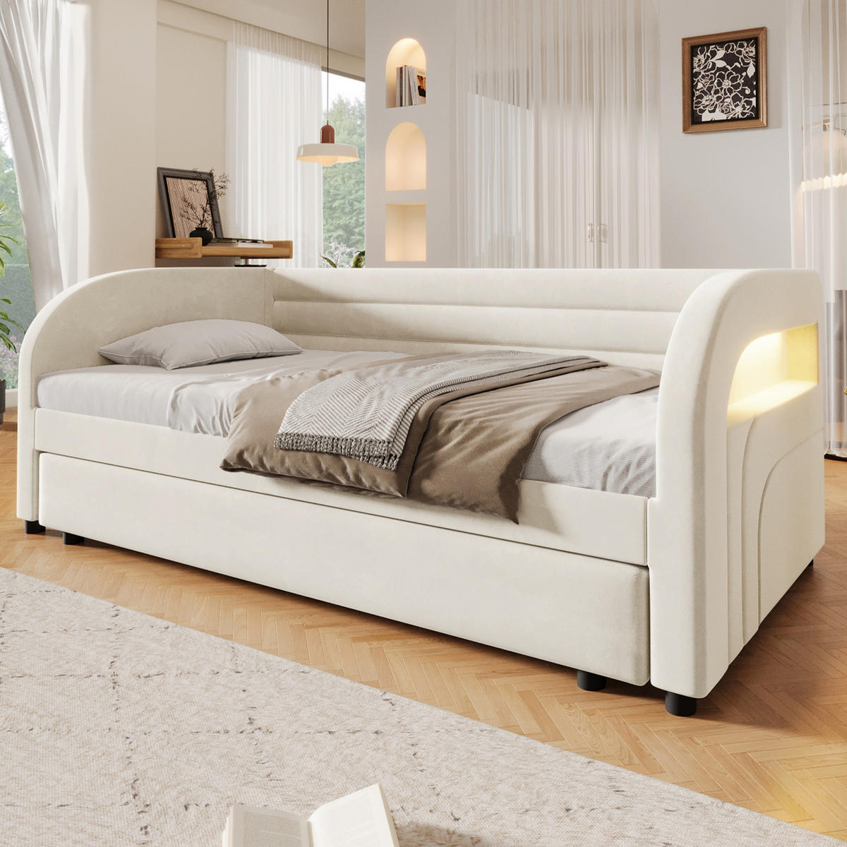 POLSTERBETT 90/200 cm in Beige mit Ausziehbett und LED Samt - Weiß, Holzwerkstoff/Textil (90/200cm) - STILVORA