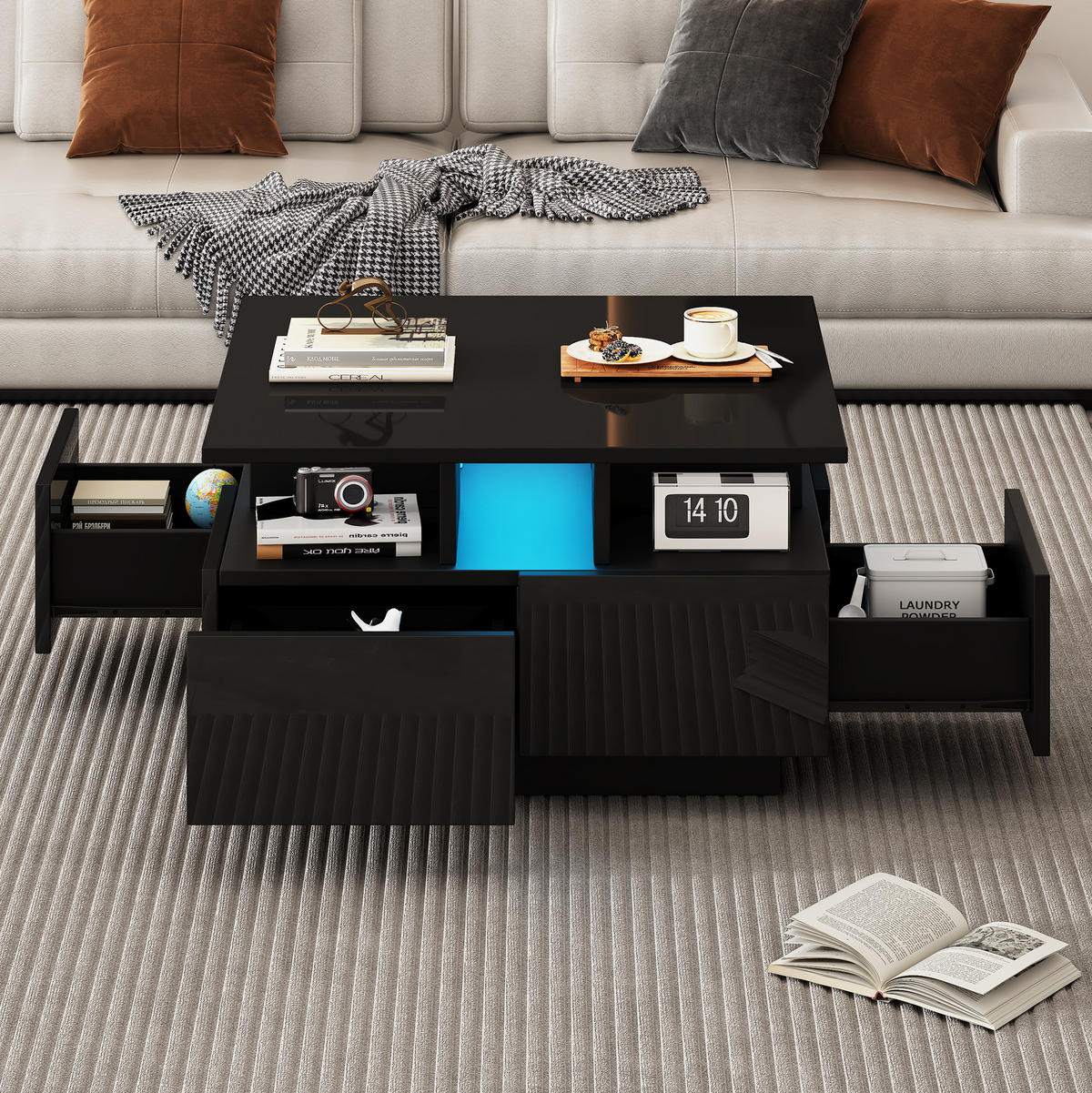 COUCHTISCH aus Spanplatte 70x70x40 cm Schwarz in Hochglanz mit LED-Beleuchtung und 4 Schubladen - Schwarz, Holzwerkstoff (70/70/40cm) - IVMEU