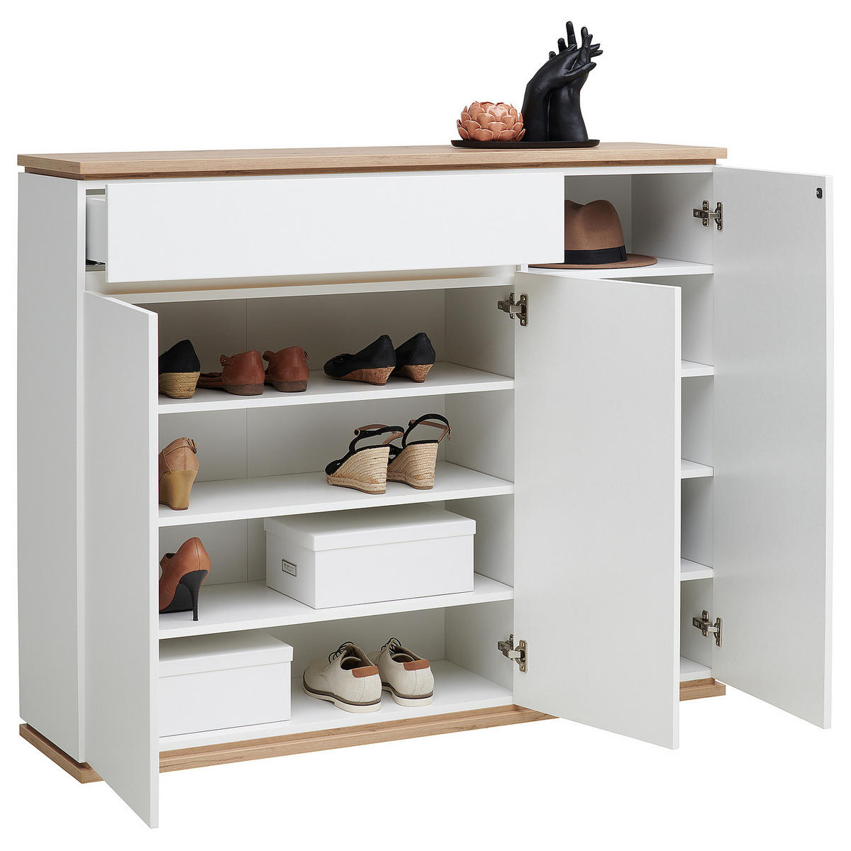 SCHUHKOMMODE - 135 cm - Weiß - Eiche - PVC - 135 x 112 x 38 cm - Schwarz/Weiß, Holzwerkstoff/Kunststoff (135/112/38cm) - home24