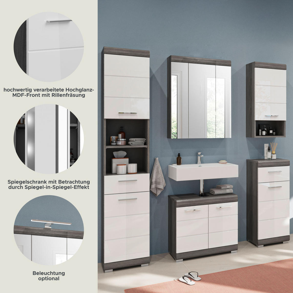 BADKOMBINATION 5tlg. Scout Bad in Rauchsilber Nachbildung und weiß hochglanz B/H/T: 164x191x34 cm - Anthrazit, Holz (164/191/34cm)
