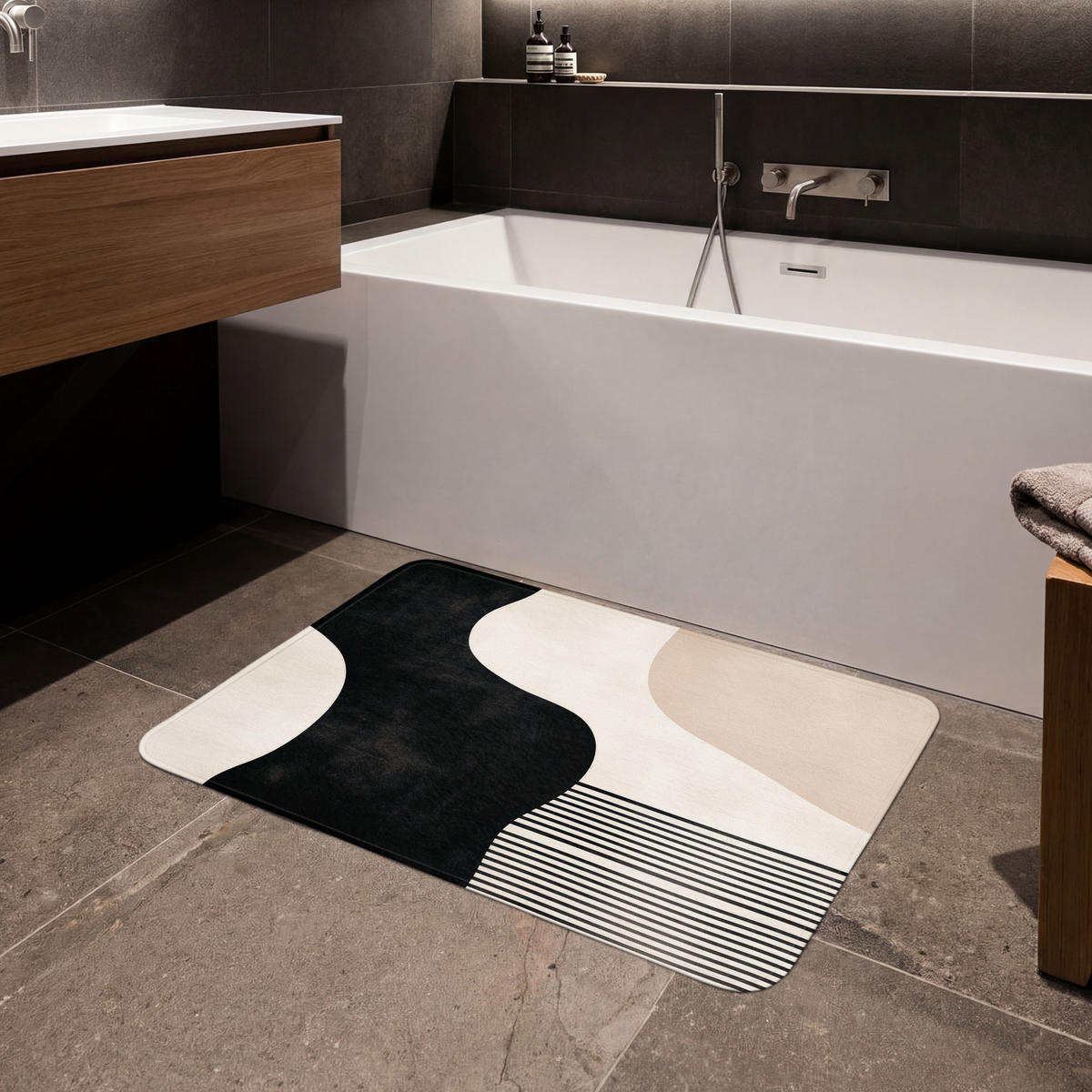 KÚPEĽŇOVÁ PREDLOŽKA Abstraktné - Japonské - Béžové - Moderné 90x60 cm - čierna/béžová, textil/plast (90/60cm) - OnlyWow
