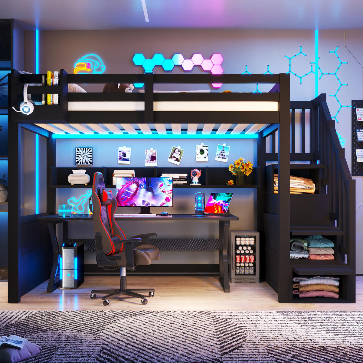 HOCHBETT 90/200 cm in Schwarz mit Stauraum, LED und Treppe - Schwarz, Metall (90/200cm) - STILVORA